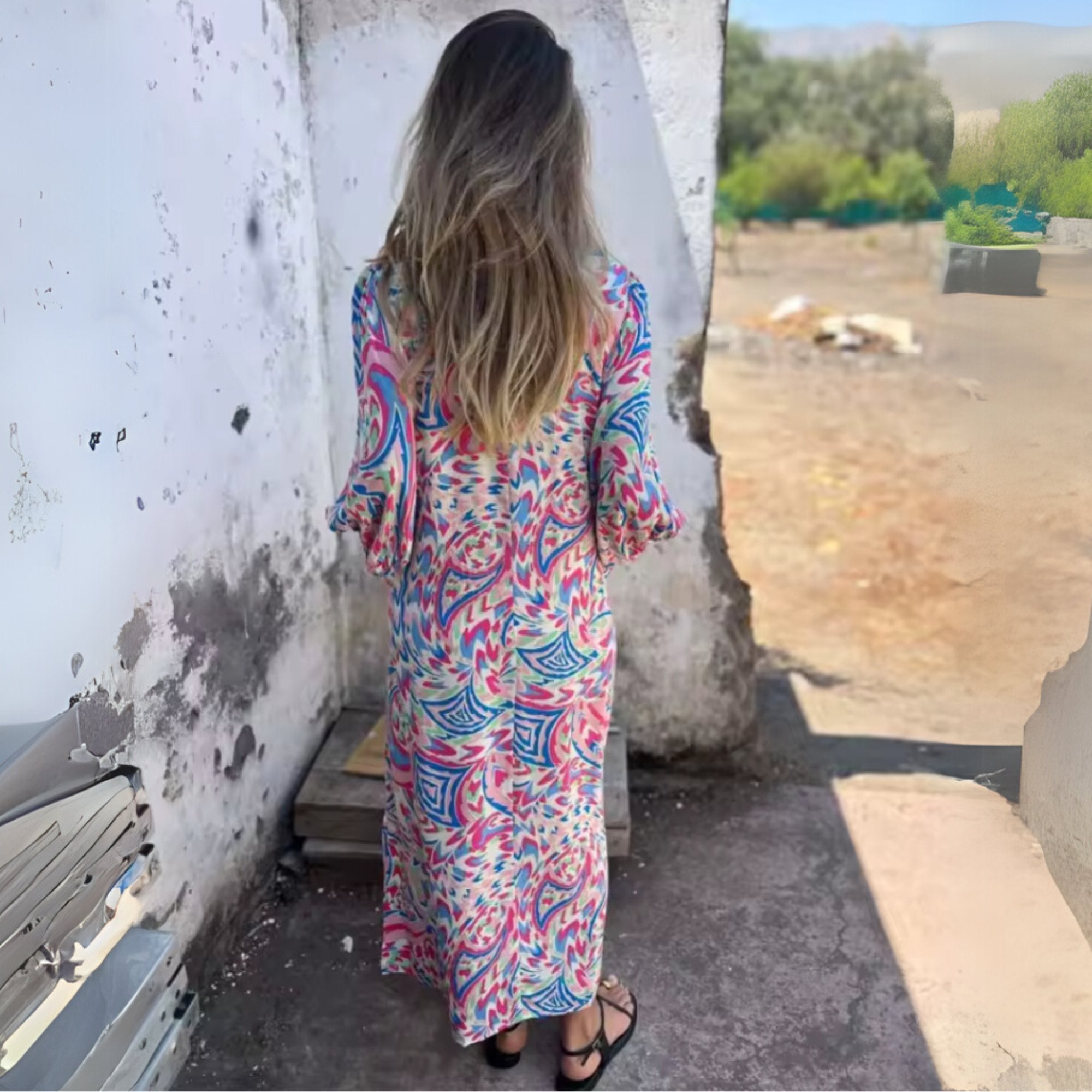 Maxi Dress V-Neck Leopard Print Long Sleeve