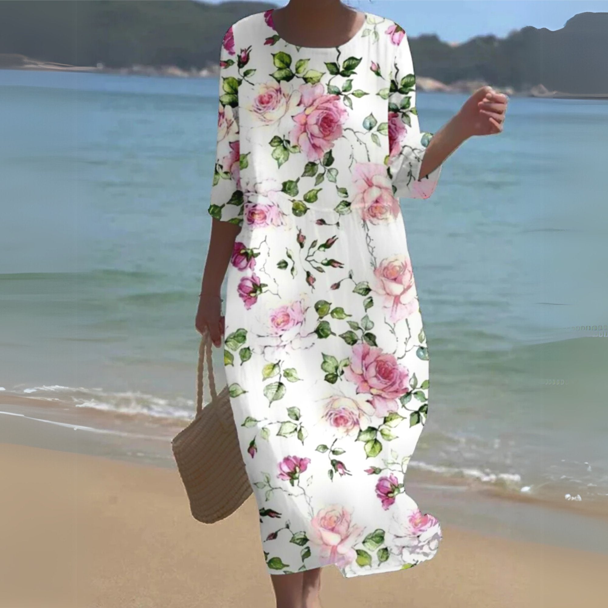 Maxi Floral Dress Three Quarter Sleeve Romantic