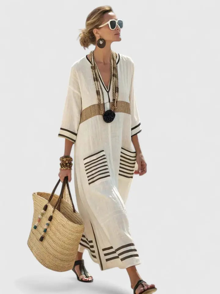 Maxi Kaftan Dress V-Neck Stripe Print Relaxed Fit