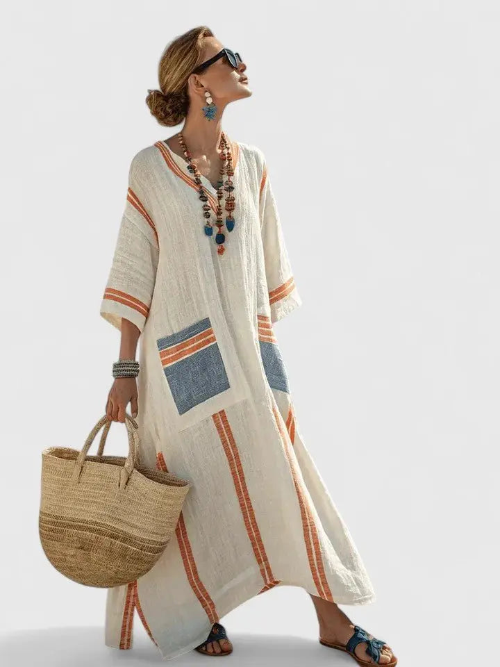 Maxi Kaftan Dress V-Neck Stripe Print Relaxed Fit - Beige Black