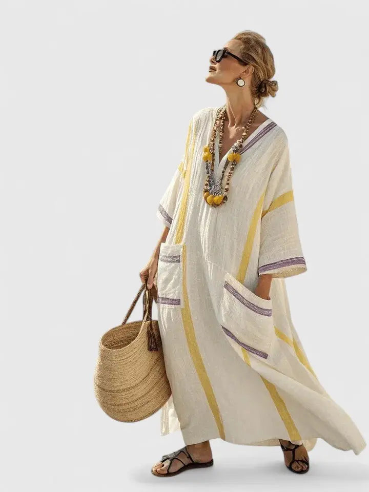 Maxi Kaftan Dress V-Neck Stripe Print Relaxed Fit - Beige Yellow