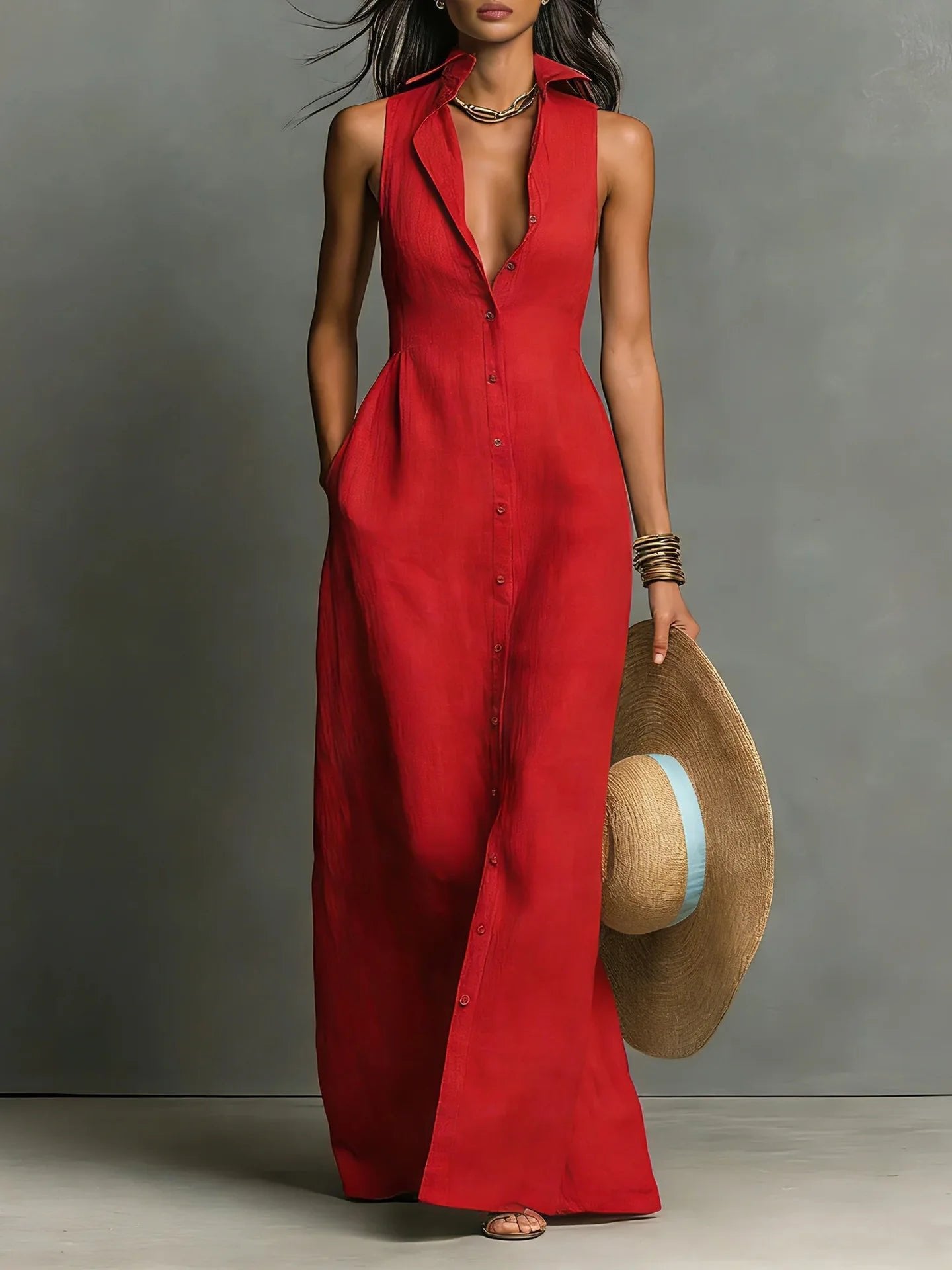 Maxi Shirt Dress Sleeveless Lapel Collar Button Front - Red