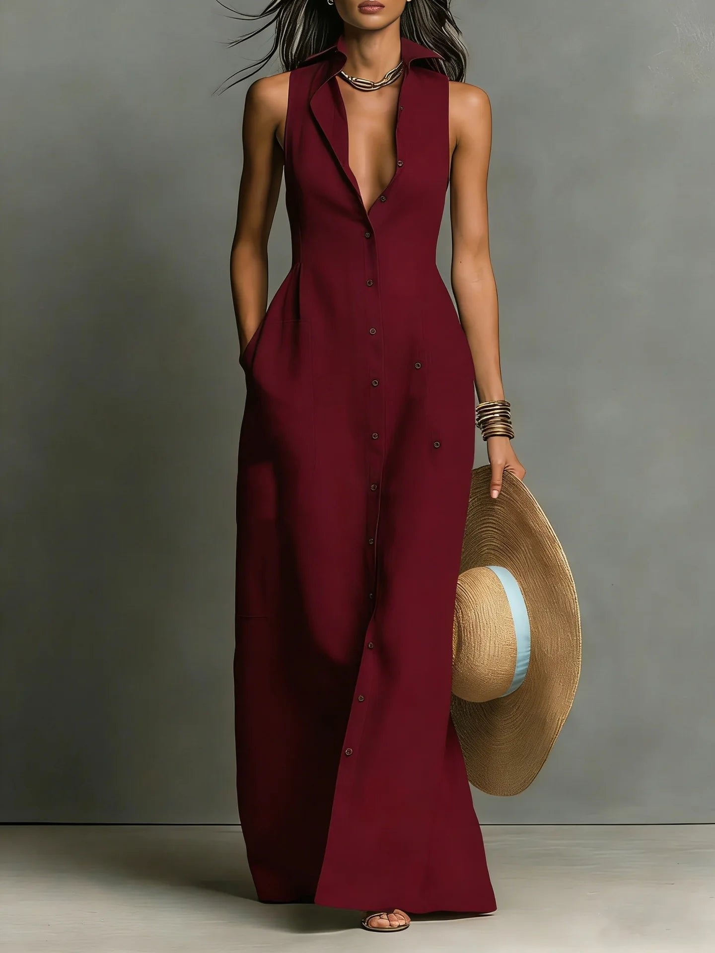 Maxi Shirt Dress Sleeveless Lapel Collar Button Front - Burgundy