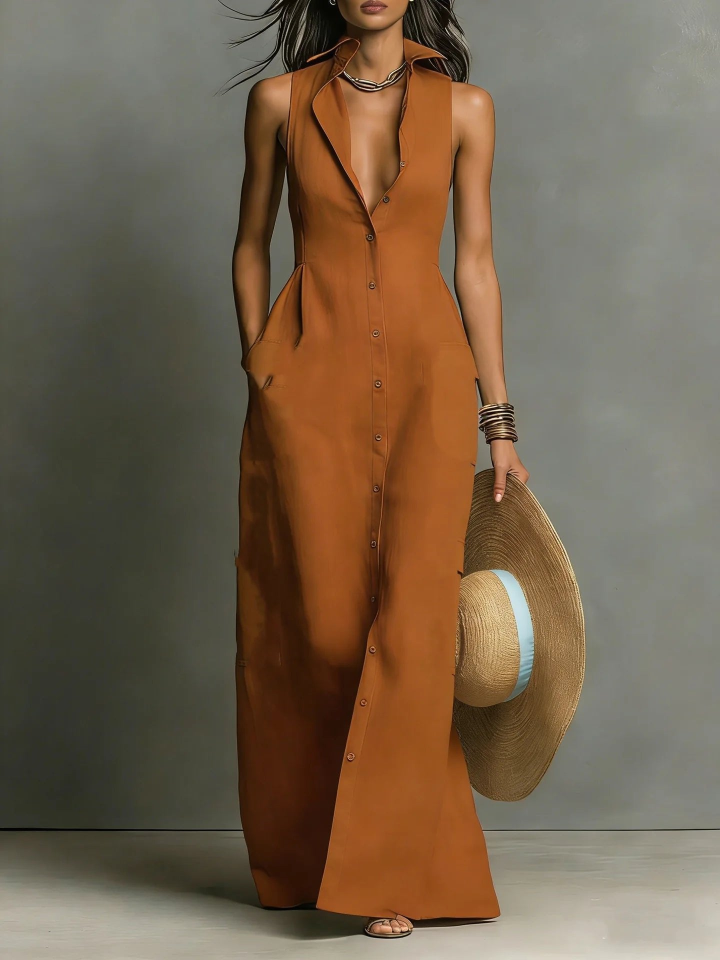 Maxi Shirt Dress Sleeveless Lapel Collar Button Front - Light Brown