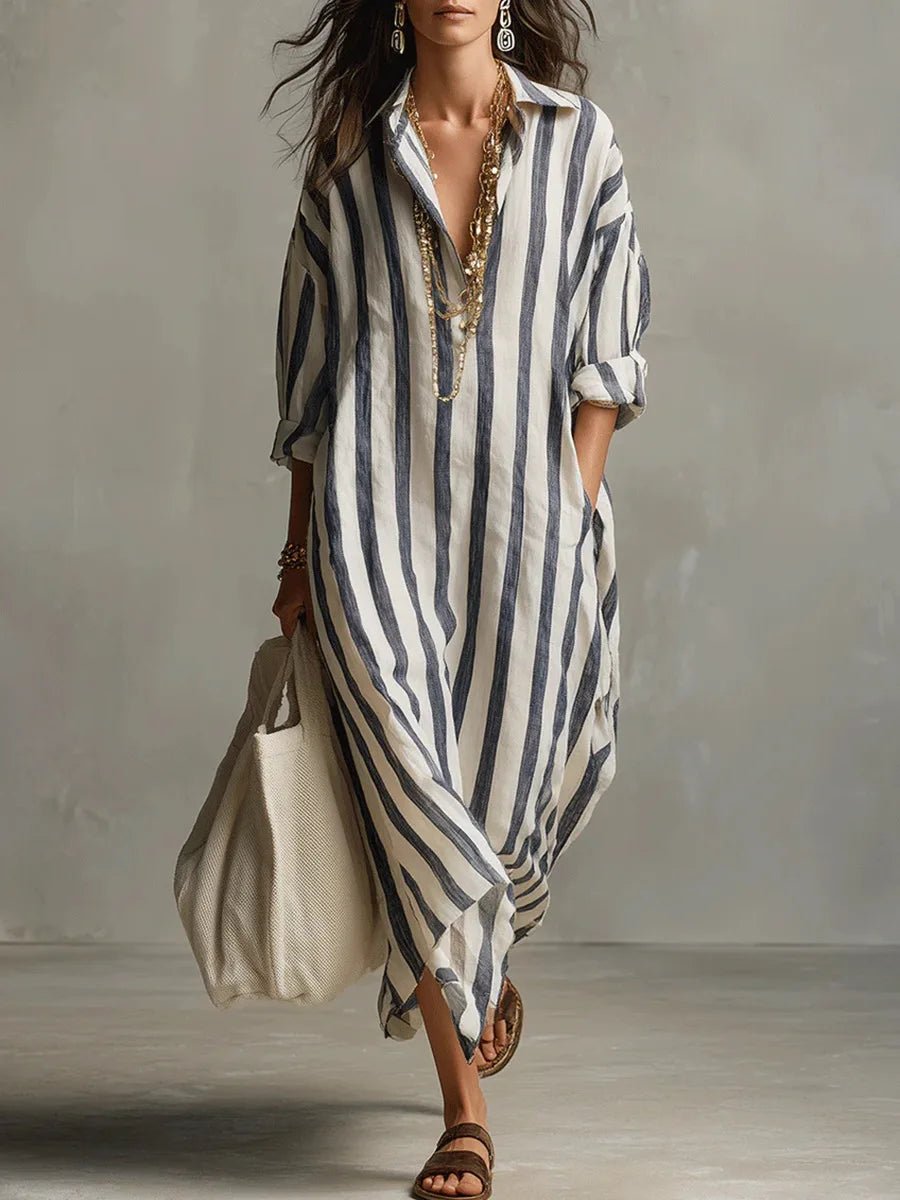 Maxi Shirt Dress V-Neck Striped Linen - Blue