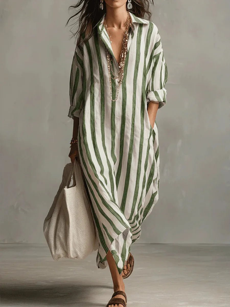 Evelyn | Maxi Shirt Dress V-Neck Striped Linen