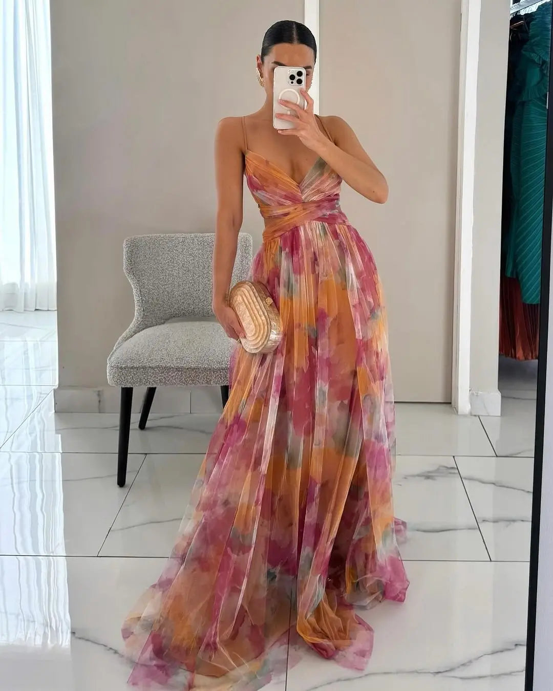 Maxi Wrap Dress Deep V-Neck Bohemian Summer - Orange
