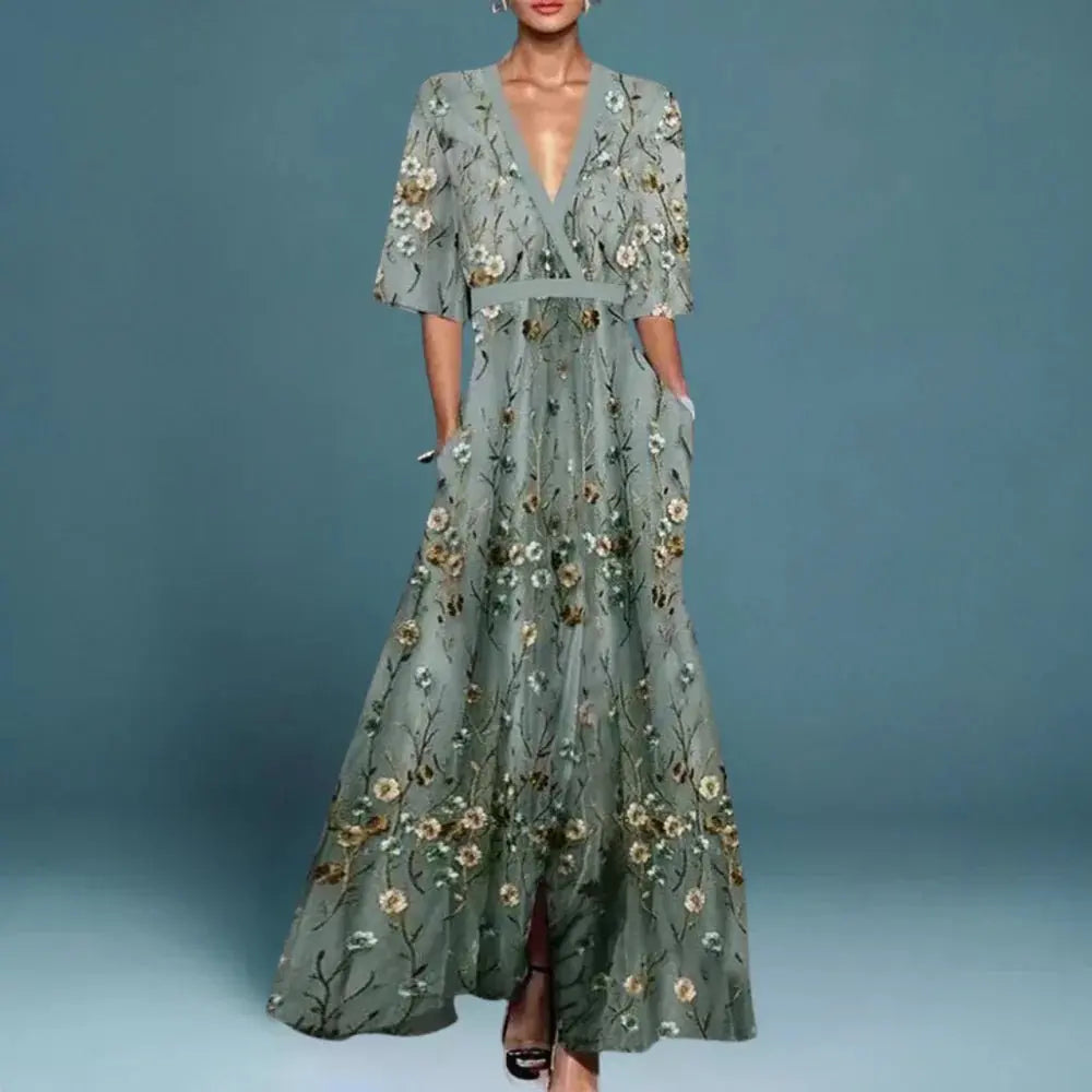 Maxi Wrap Dress Deep V-Neck Floral Embroidered Half Sleeve - Blue
