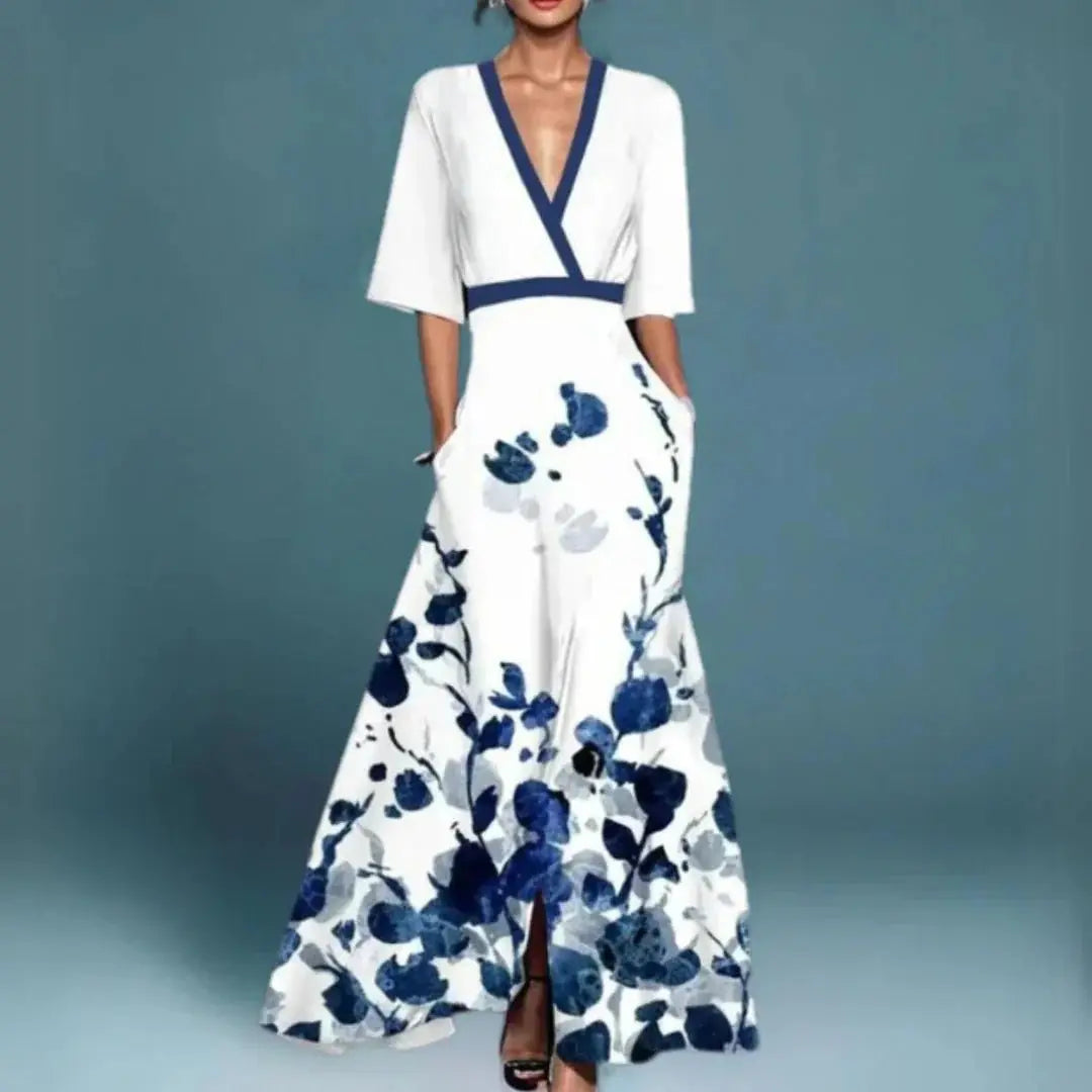 Maxi Wrap Dress Deep V-Neck Floral Embroidered Half Sleeve - White