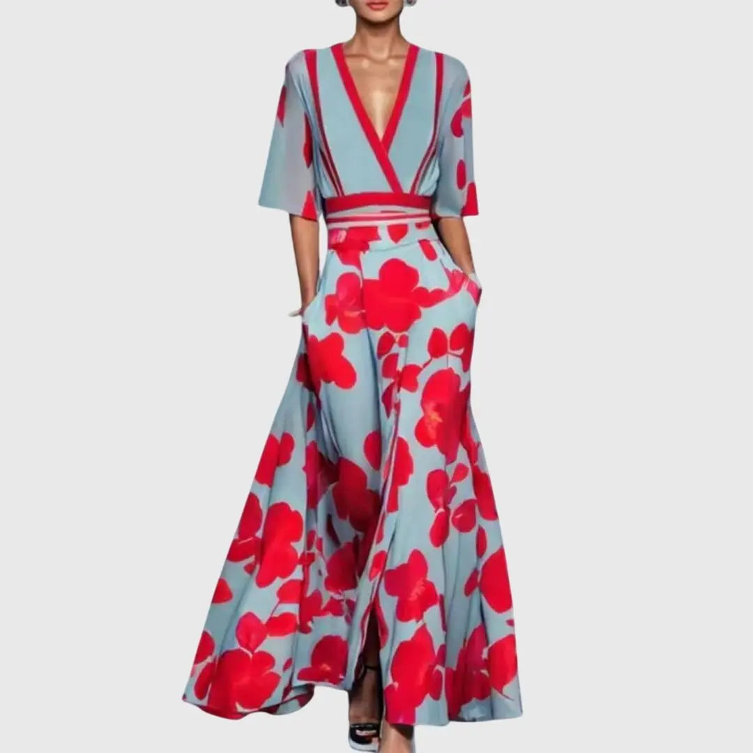 Maxi Wrap Dress Deep V-Neck Floral Print Half Sleeve - Red