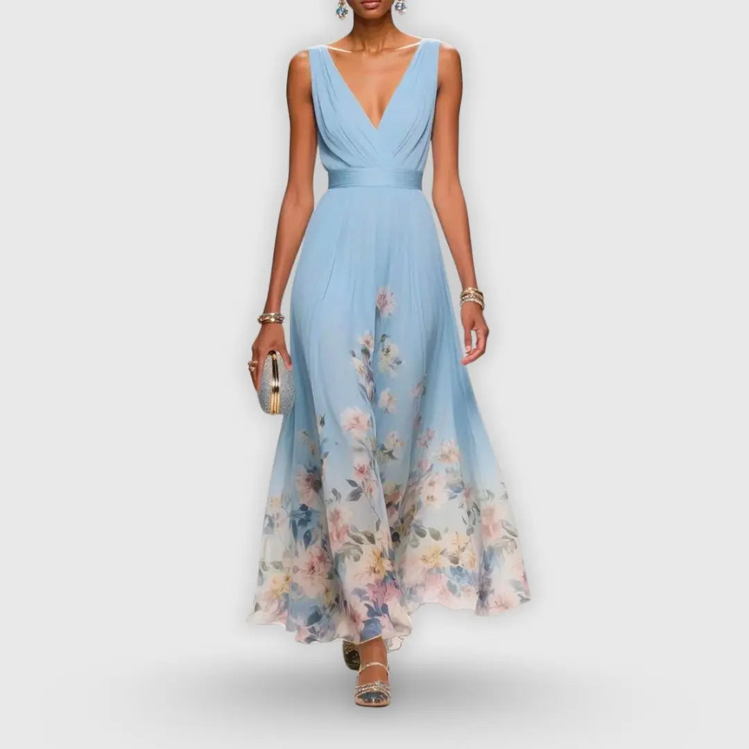 Maxi Wrap Dress Deep V-Neck Floral Print Sleeveless - Light Blue