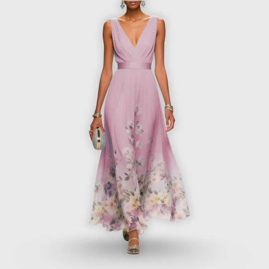 Maxi Wrap Dress Deep V-Neck Floral Print Sleeveless - Pink