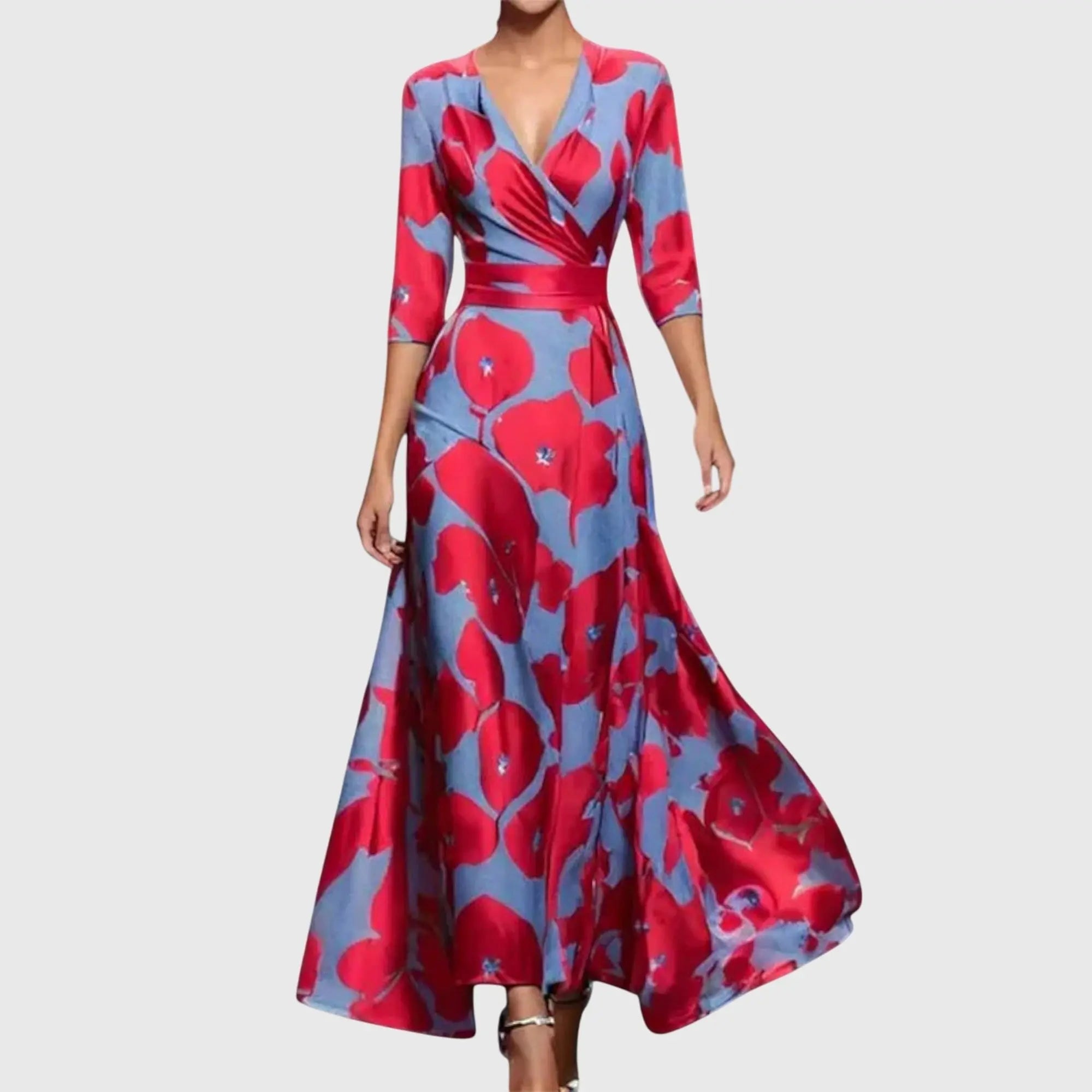 Maxi Wrap Dress Deep V-Neck Floral Print Three Quarter Sleeve - Red
