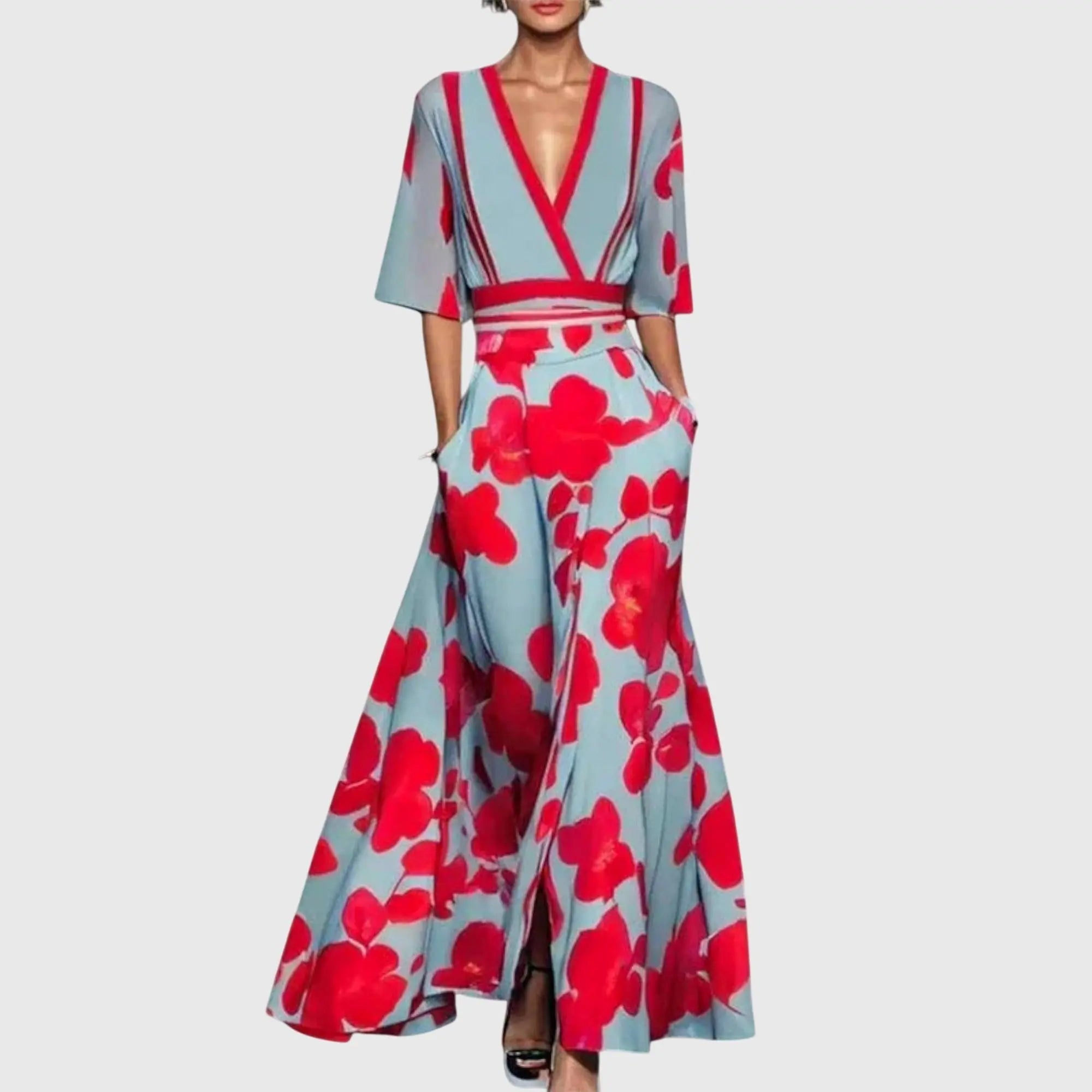 Maxi Wrap Dress Deep V-Neck Floral Print Three Quarter Sleeve - Blue Red