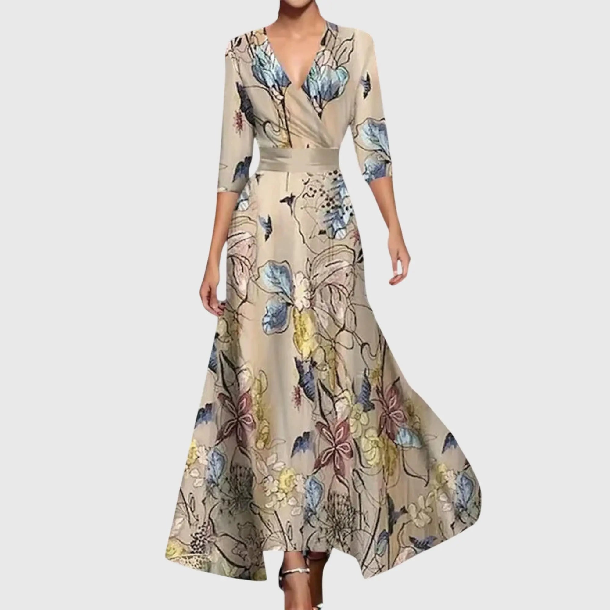 Maxi Wrap Dress Deep V-Neck Floral Print Three Quarter Sleeve - Champagne