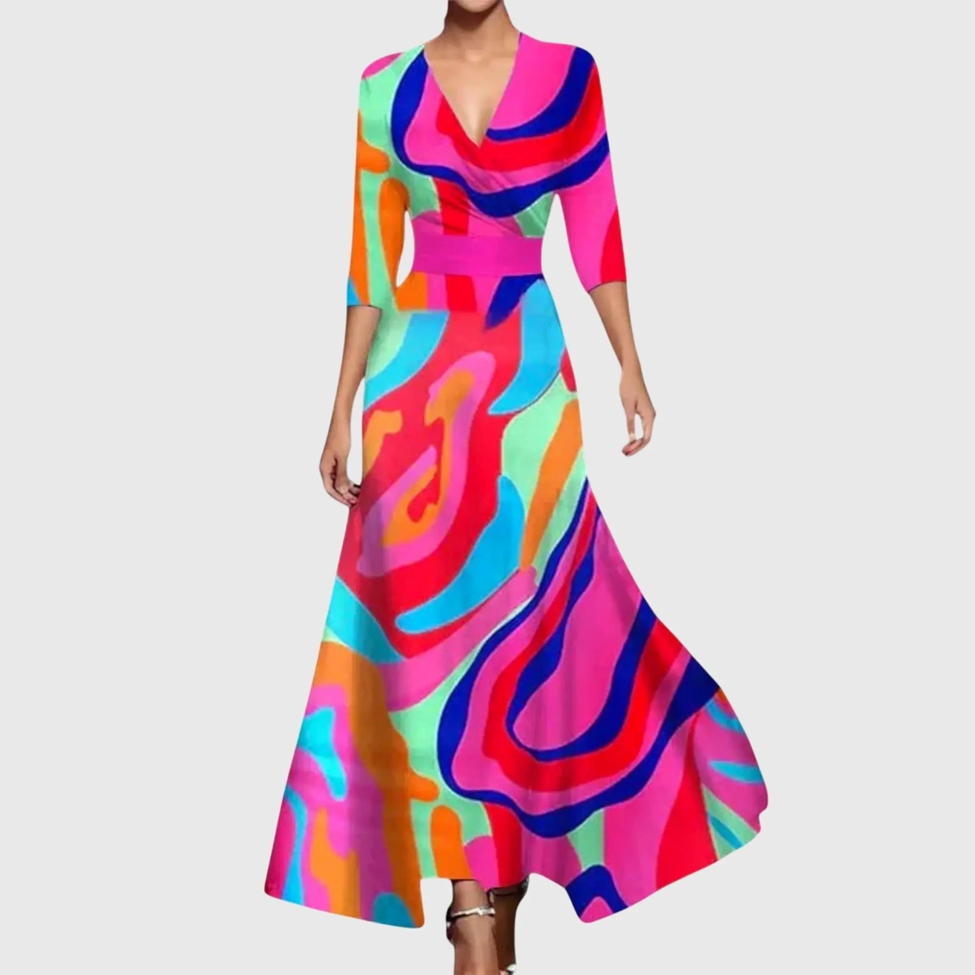 Maxi Wrap Dress Deep V-Neck Floral Print Three Quarter Sleeve - Multicolor