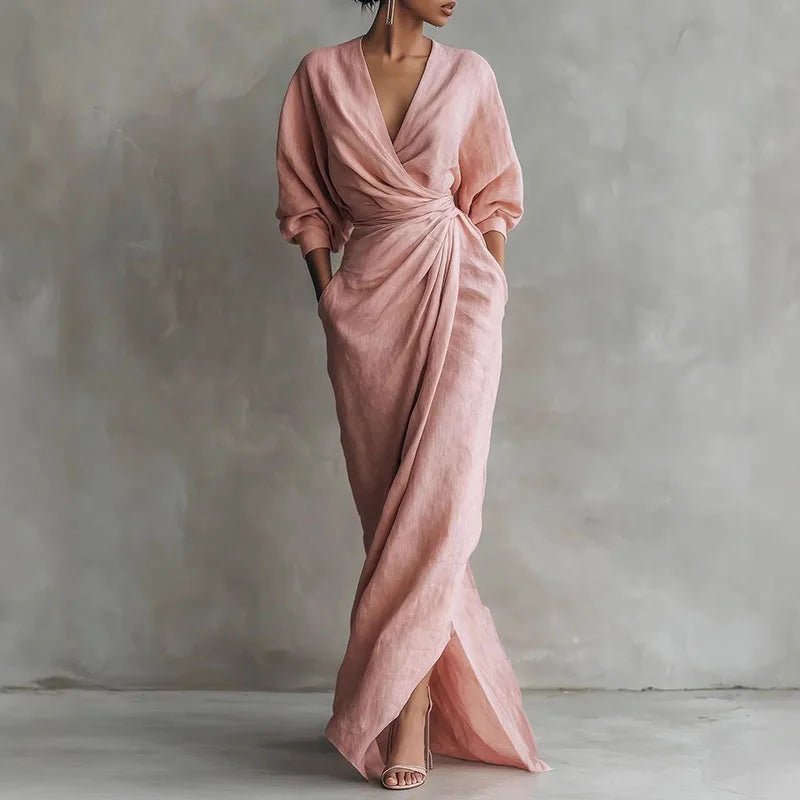 Maxi Wrap Dress V-Neck Long Sleeve - Pink