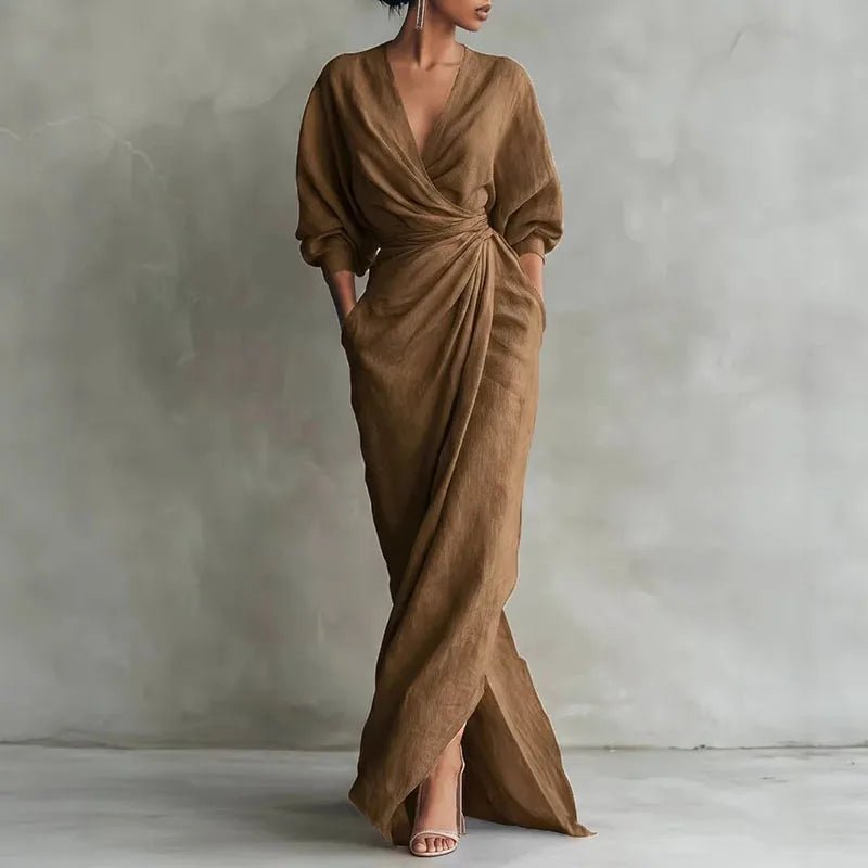 Maxi Wrap Dress V-Neck Long Sleeve - Brown