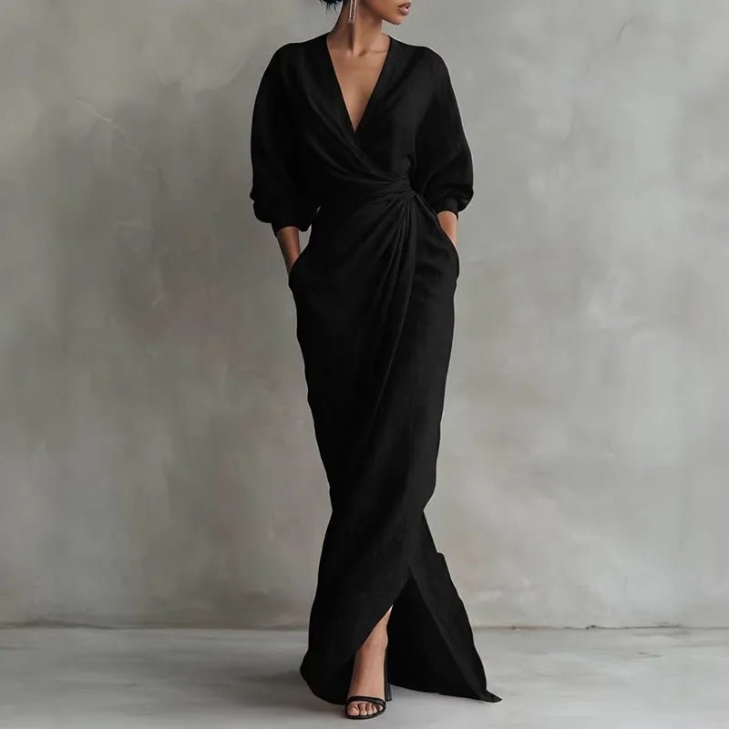 Maxi Wrap Dress V-Neck Long Sleeve - Black