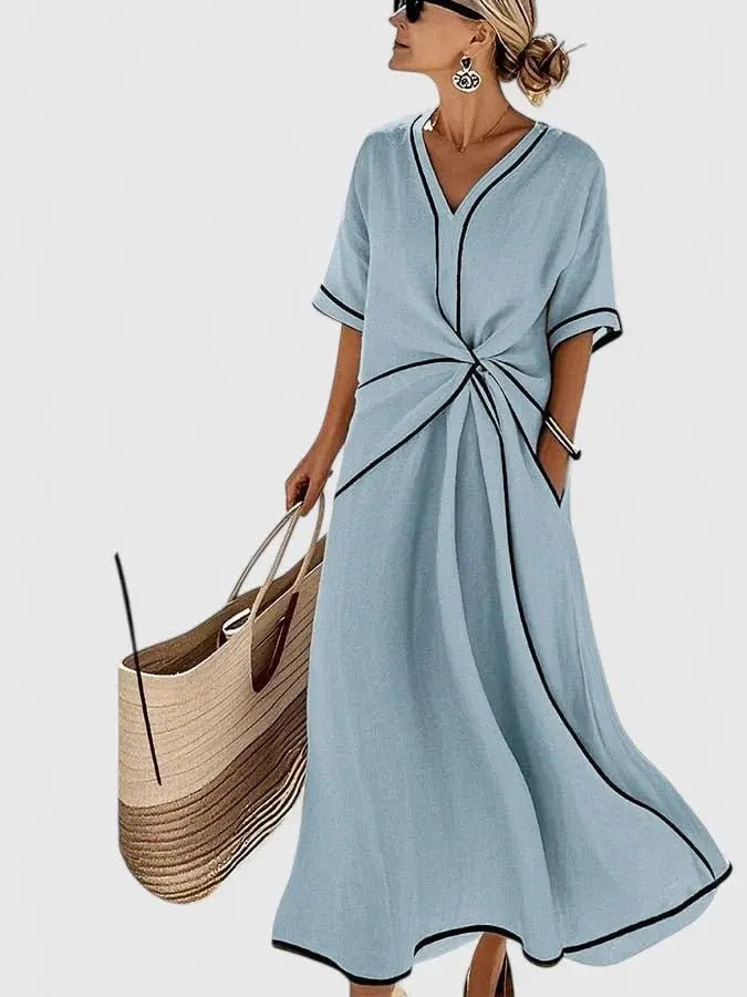 Maxi Wrap Dress V-Neck Tie Waist Summer Casual - Blue