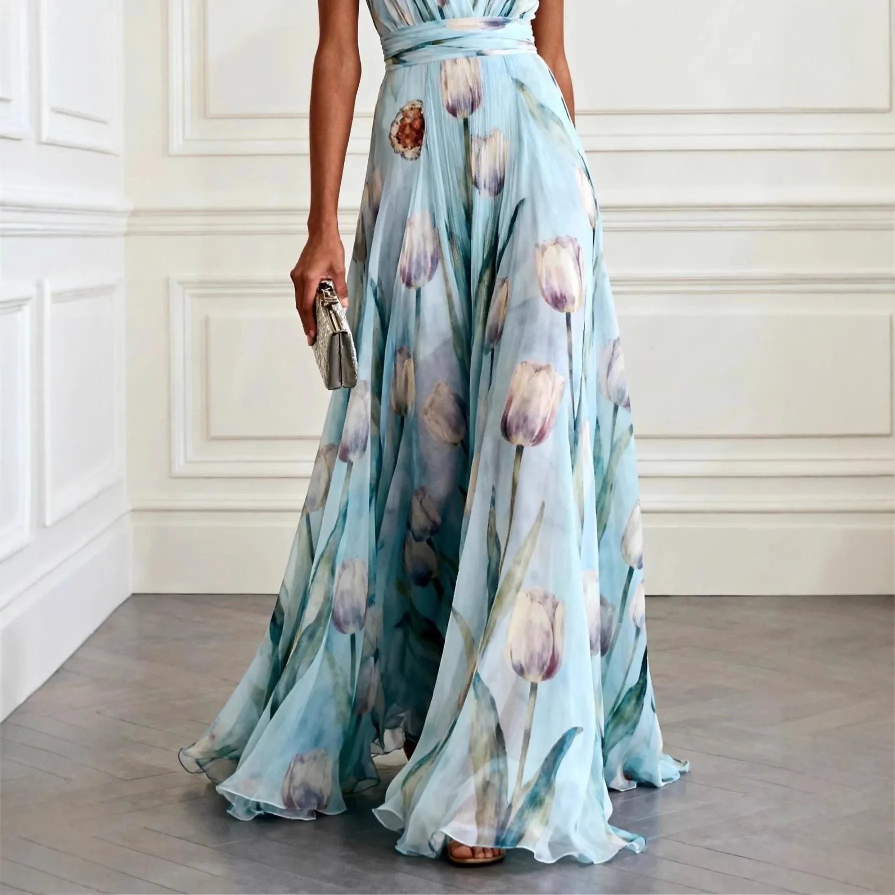 Maxi Wrap Dress V-Neck Tulip Print Chiffon