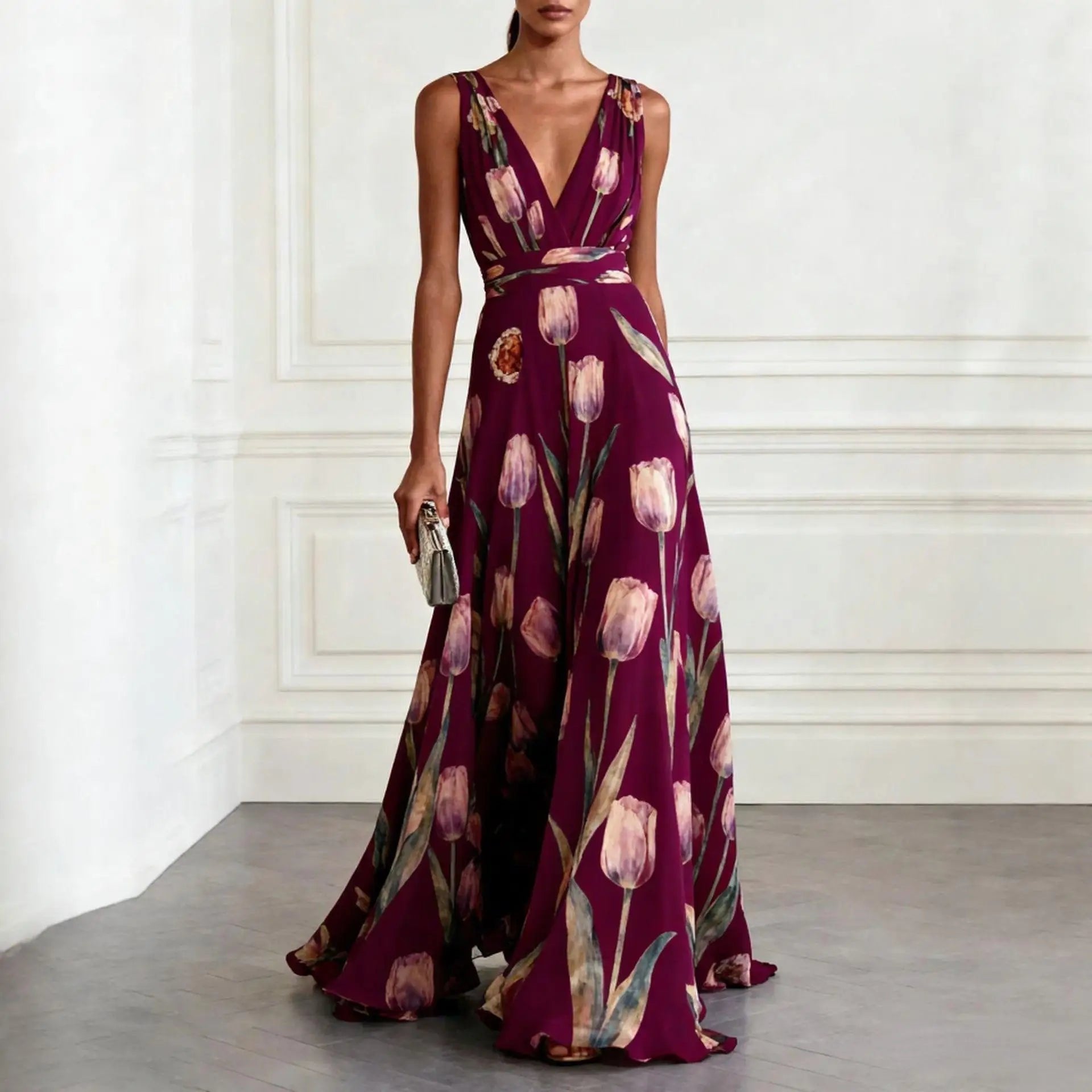 Maxi Wrap Dress V-Neck Tulip Print Chiffon - Burgundy