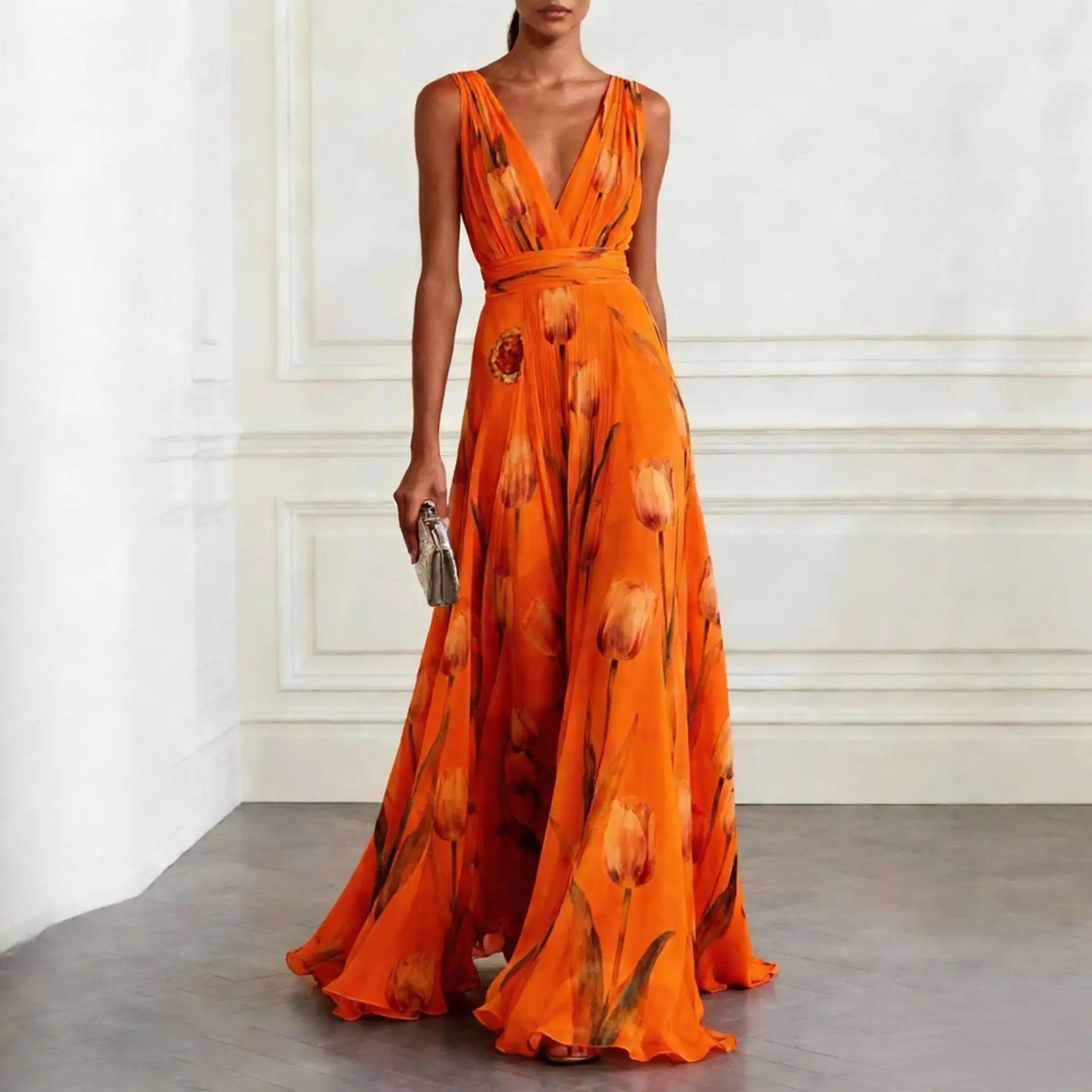 Maxi Wrap Dress V-Neck Tulip Print Chiffon - Orange