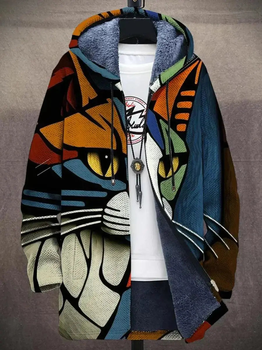 Men's Art Print Fleece-Lined Zip-Up Hoodie Mens Cardigan - Cat