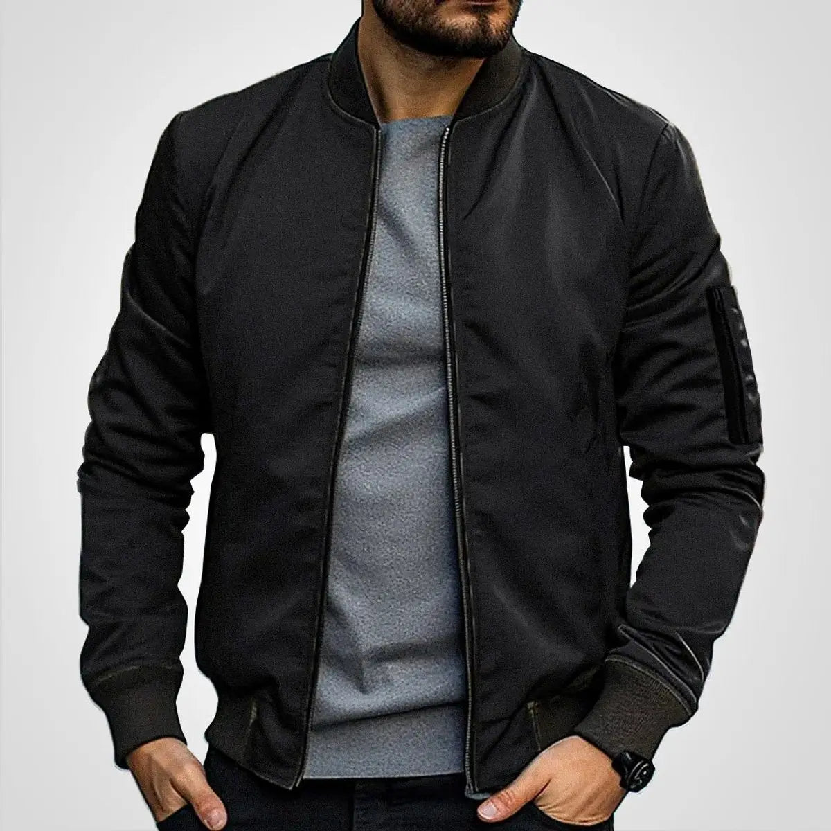 Mens Bomber Jacket Classic Zip-Up Ribbed Collar Flight Jacket - Black