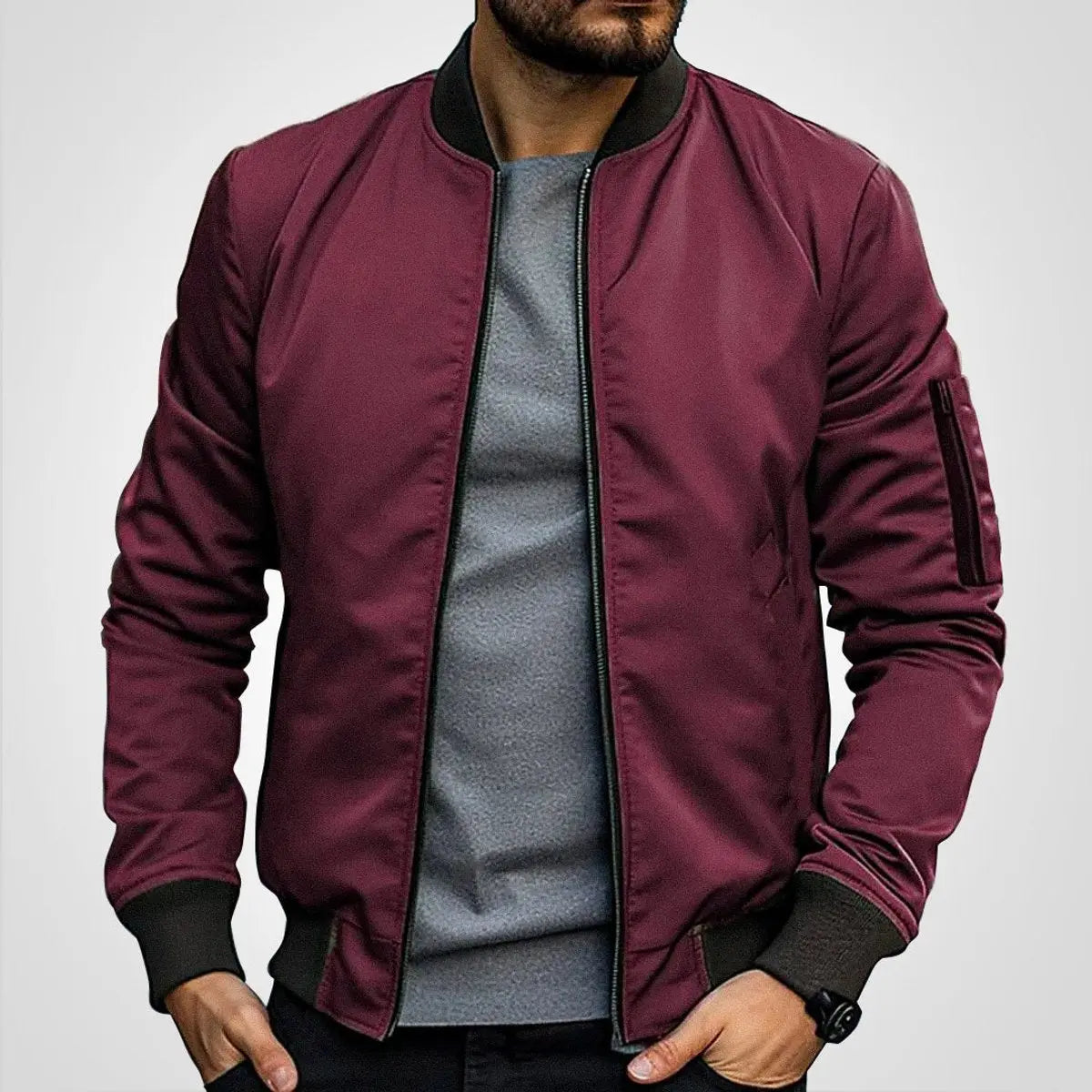 Mens Bomber Jacket Classic Zip-Up Ribbed Collar Flight Jacket - Burgundy