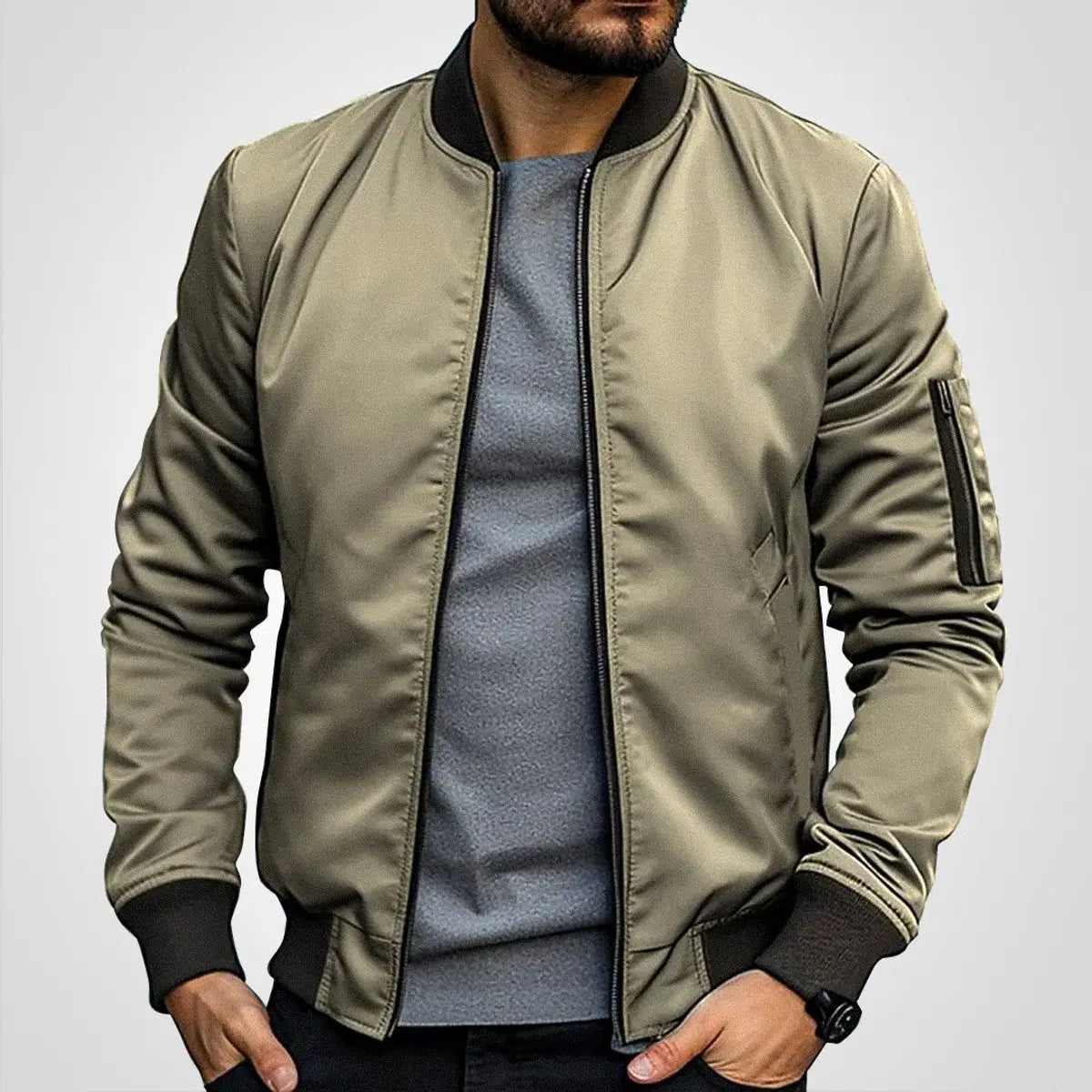 Mens Bomber Jacket Classic Zip-Up Ribbed Collar Flight Jacket - Khaki