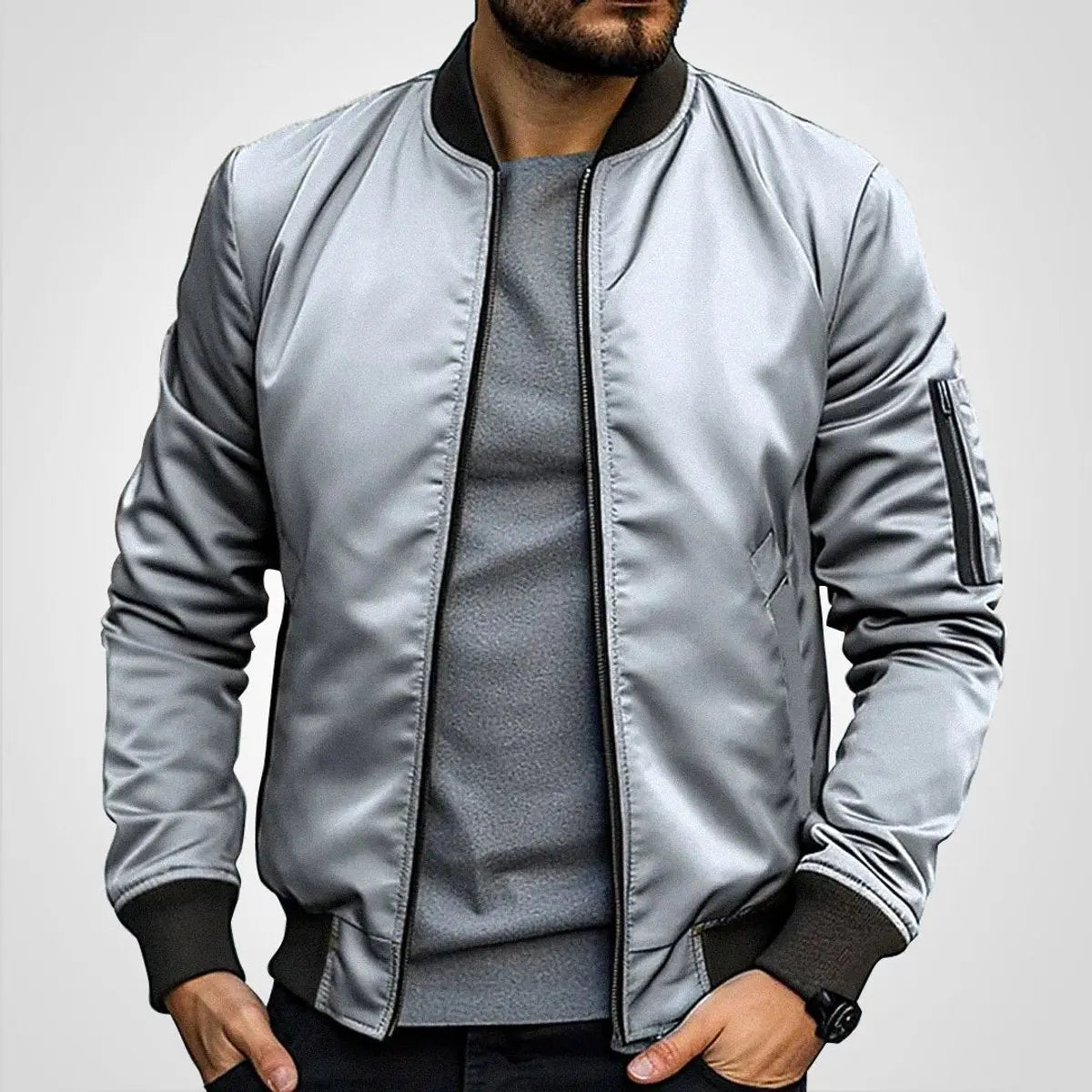 Mens Bomber Jacket Classic Zip-Up Ribbed Collar Flight Jacket - Light Grey