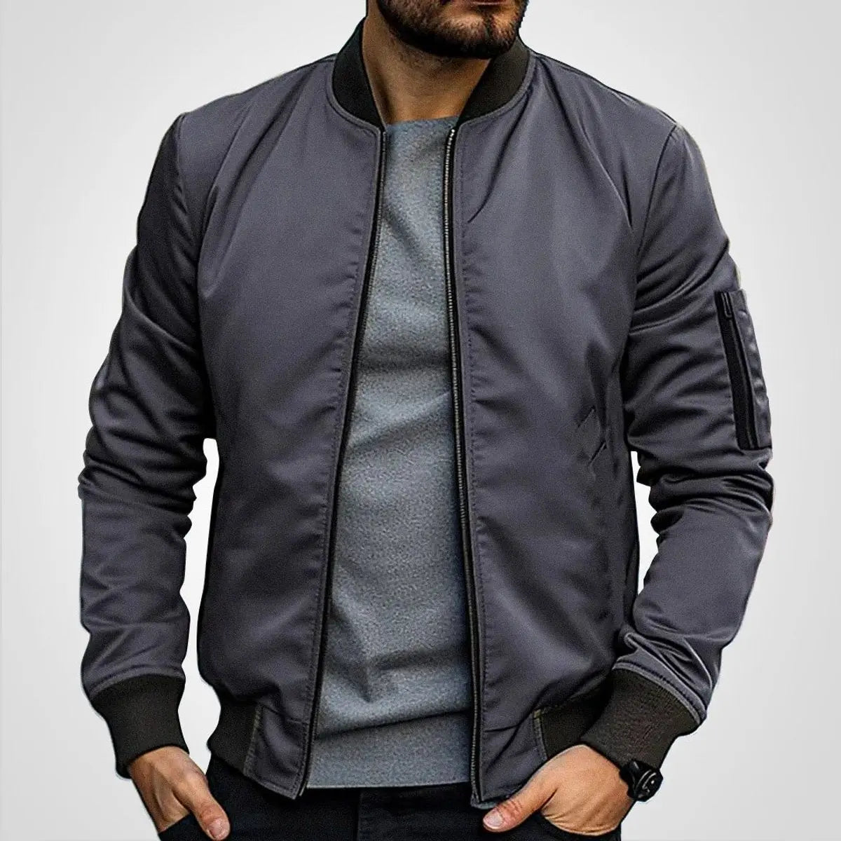 Mens Bomber Jacket Classic Zip-Up Ribbed Collar Flight Jacket - Dark Grey