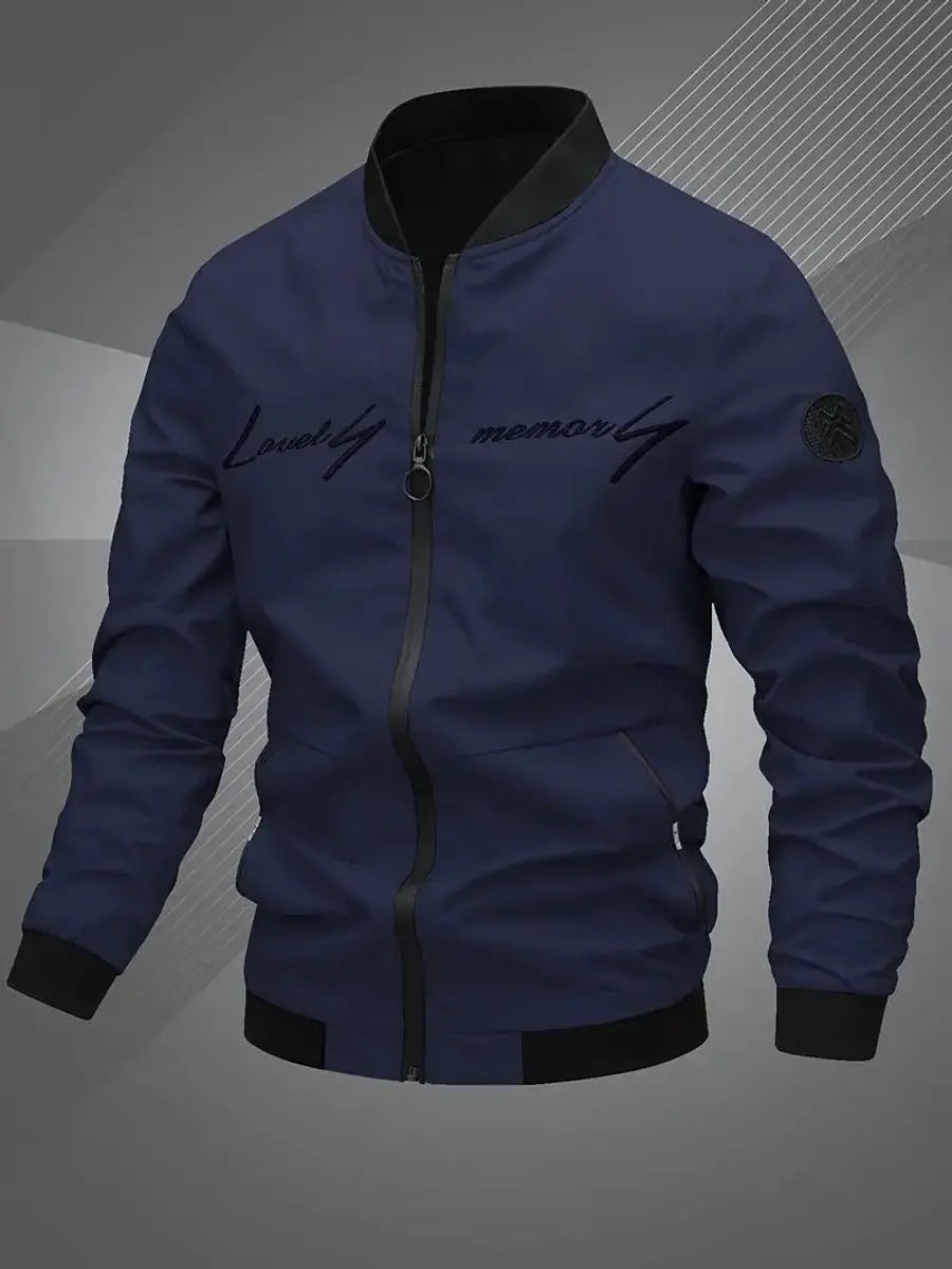 Mens Bomber Jacket Lightweight Zip-Up Baseball Collar Outerwear - Navy Blue