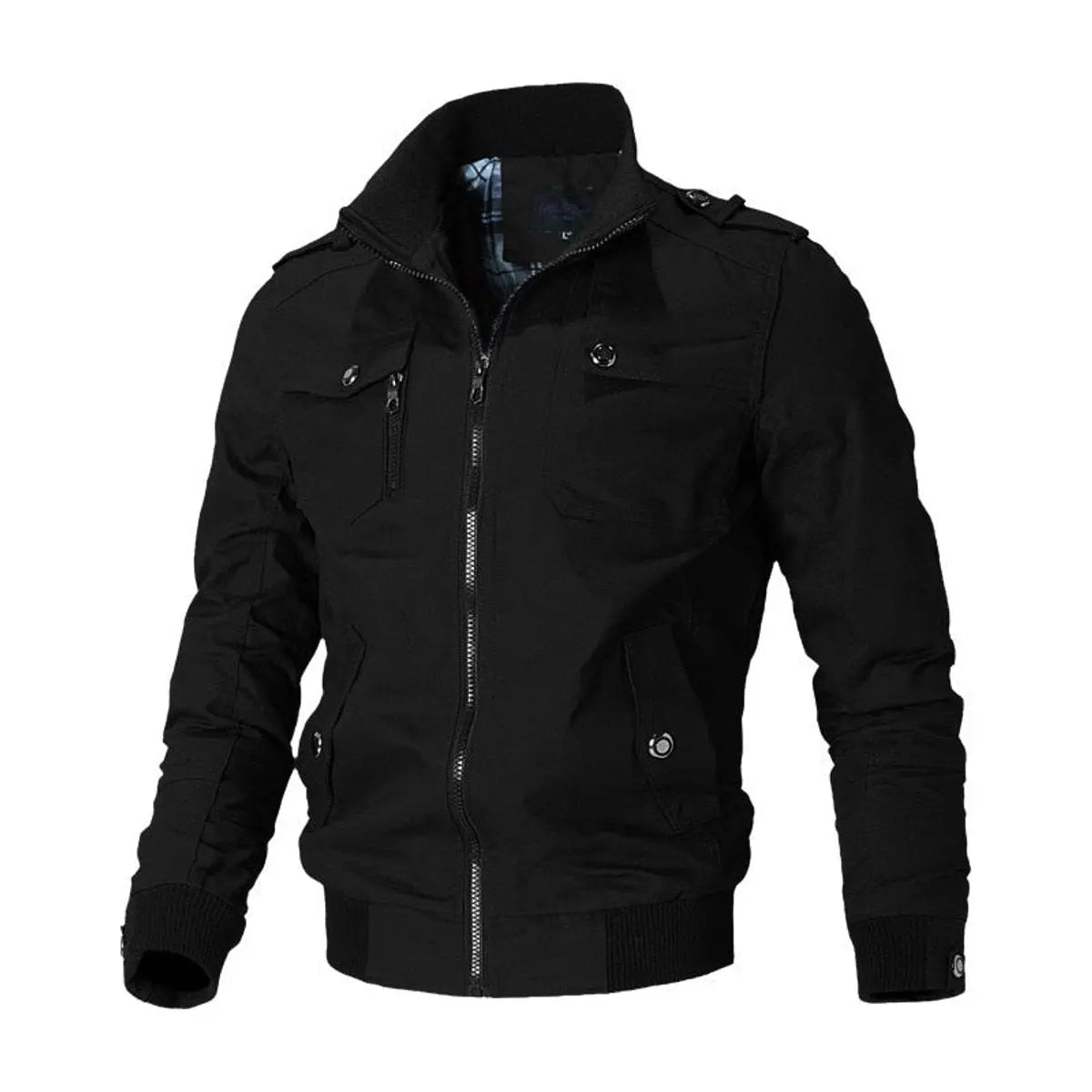 Mens Bomber Jacket Military-Style Multi-Pocket Zip-Up Outerwear - Black