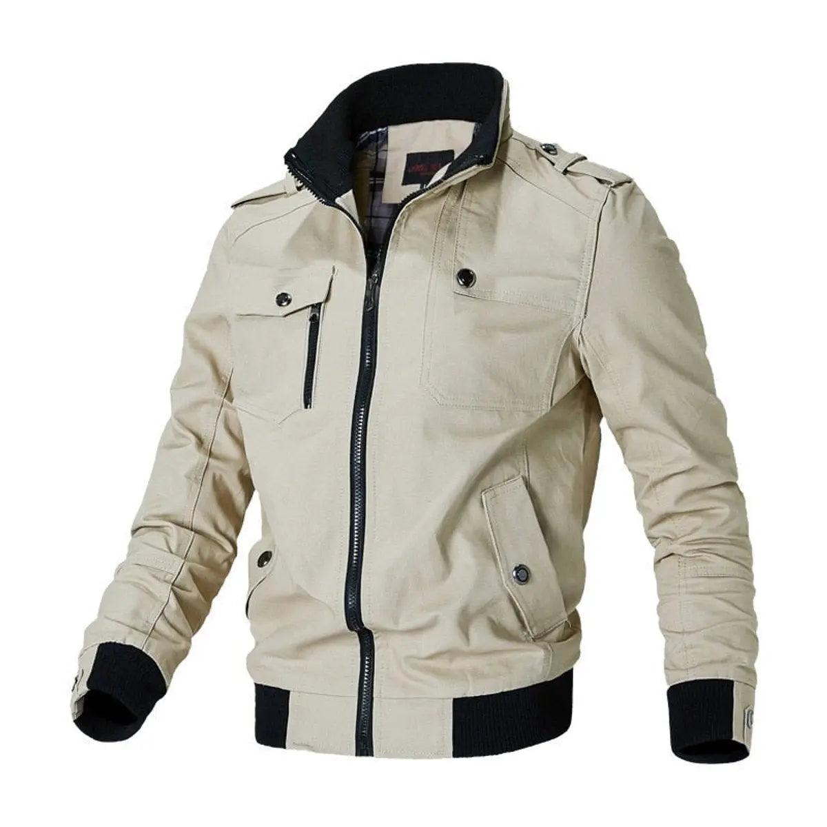 Mens Bomber Jacket Military-Style Multi-Pocket Zip-Up Outerwear - Khaki