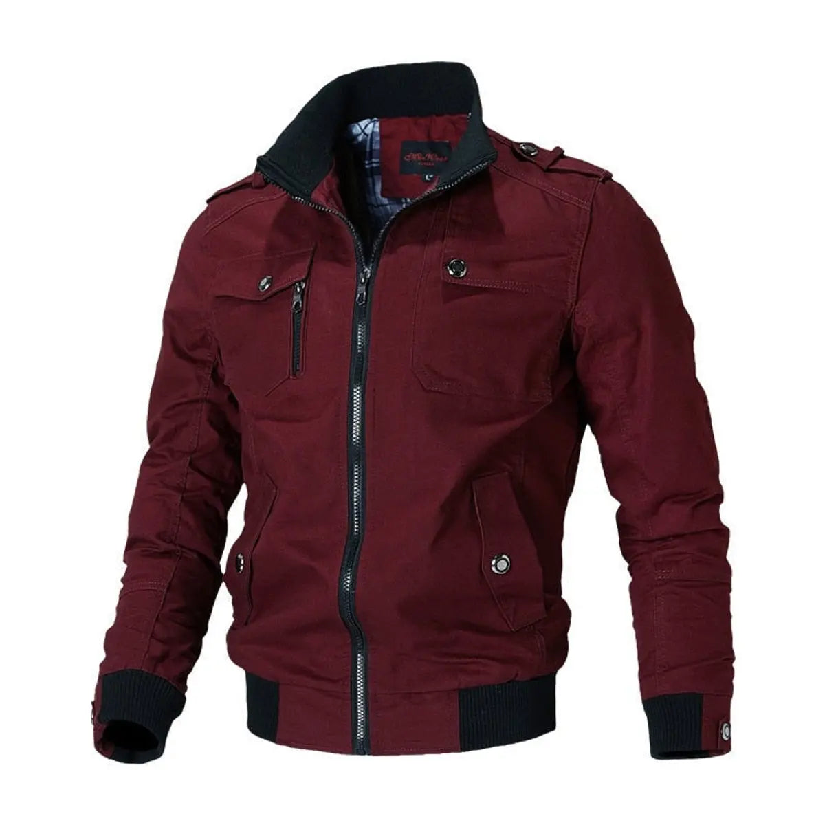 Mens Bomber Jacket Military-Style Multi-Pocket Zip-Up Outerwear - Red