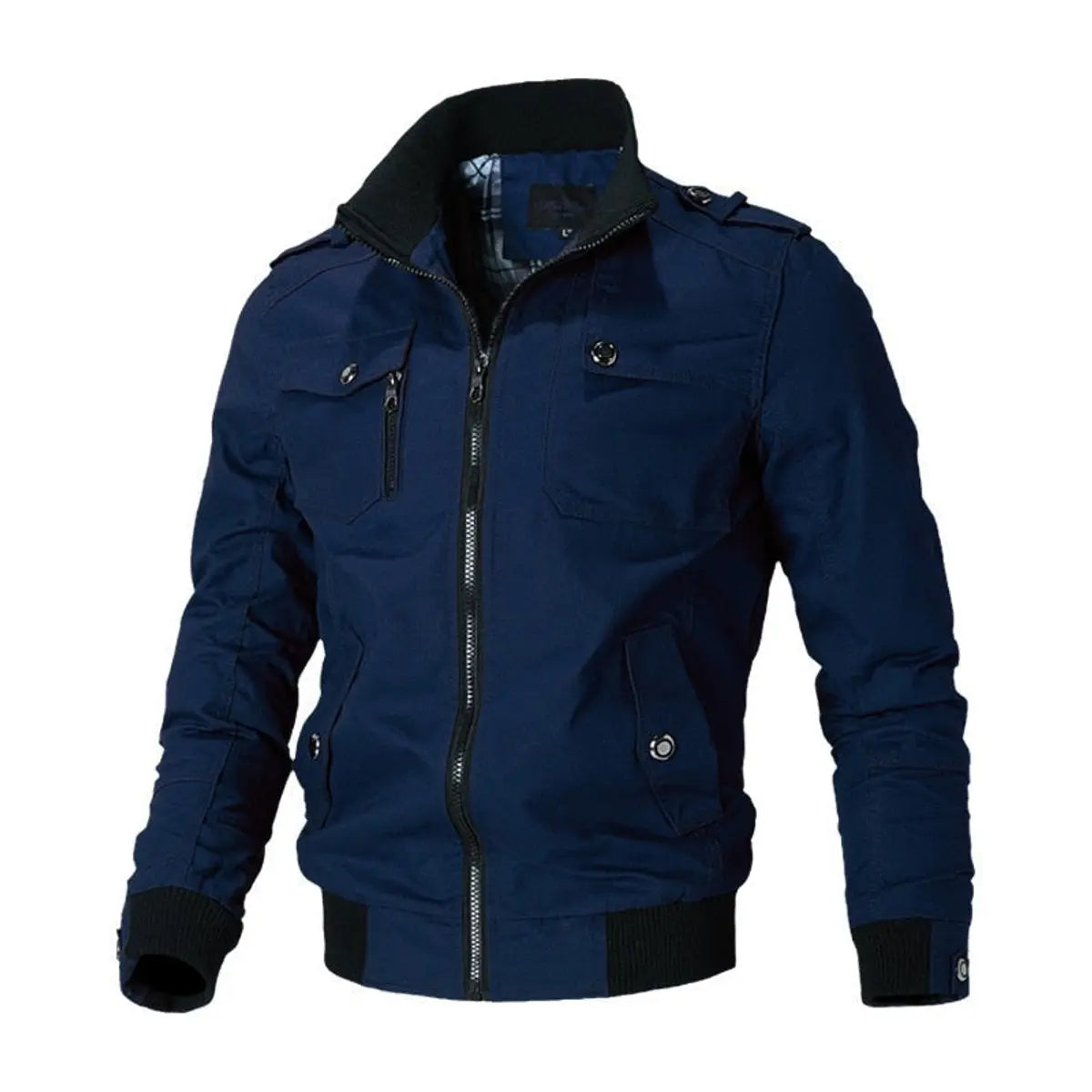 Mens Bomber Jacket Military-Style Multi-Pocket Zip-Up Outerwear - Blue