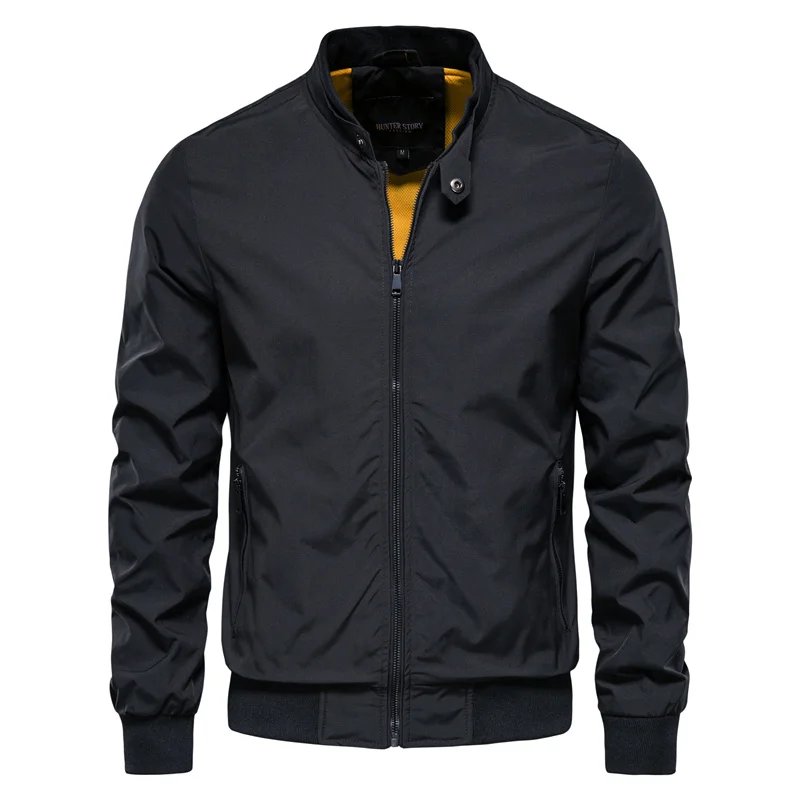 Men's Bomber Jacket Stand Collar Zip Front Ribbed Cuffs - Black