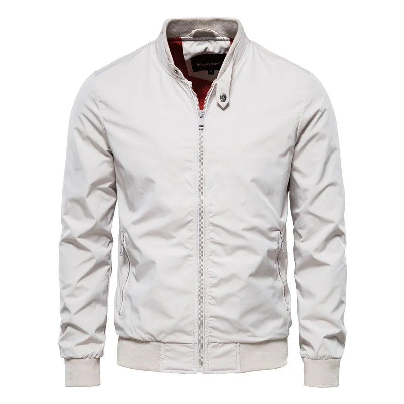 Men's Bomber Jacket Stand Collar Zip Front Ribbed Cuffs - White