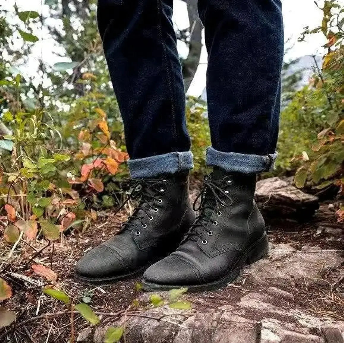 Mens Boots Lace-Up Cap-Toe Leather Ankle Boots - Black