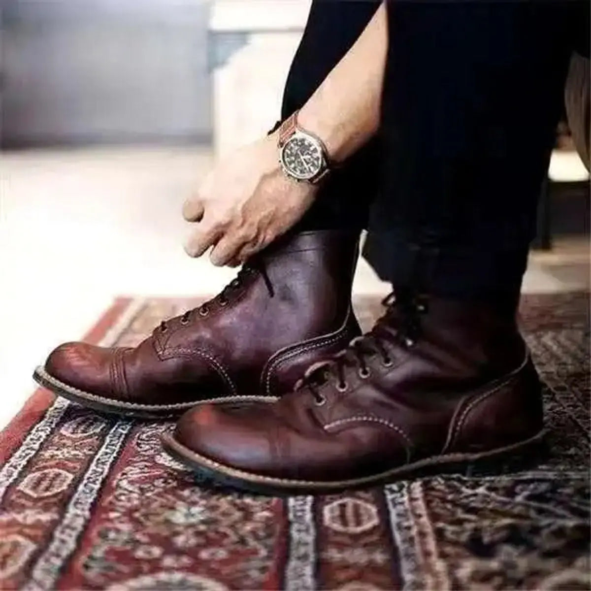 Mens Boots Lace-Up Cap-Toe Leather Ankle Boots - Dark Brown