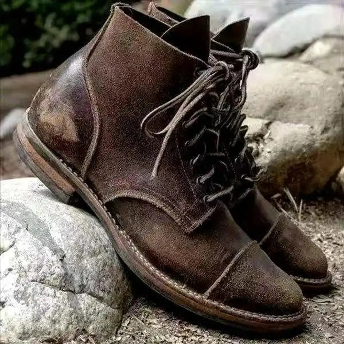 Mens Boots Lace-Up Cap-Toe Leather Ankle Boots - Khaki
