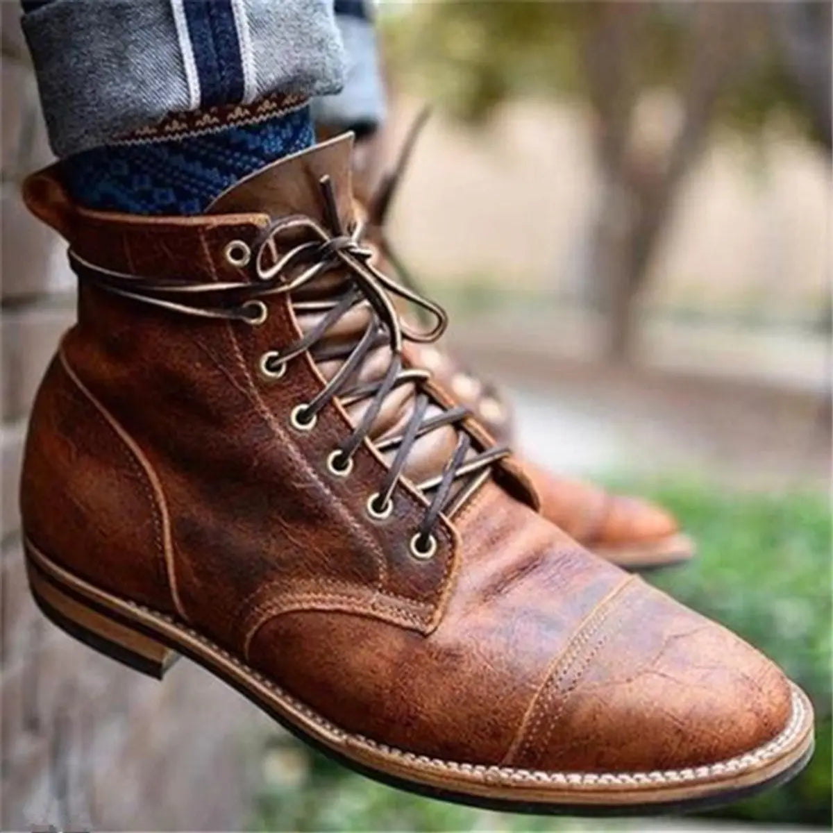 Mens Boots Lace-Up Cap-Toe Leather Ankle Boots