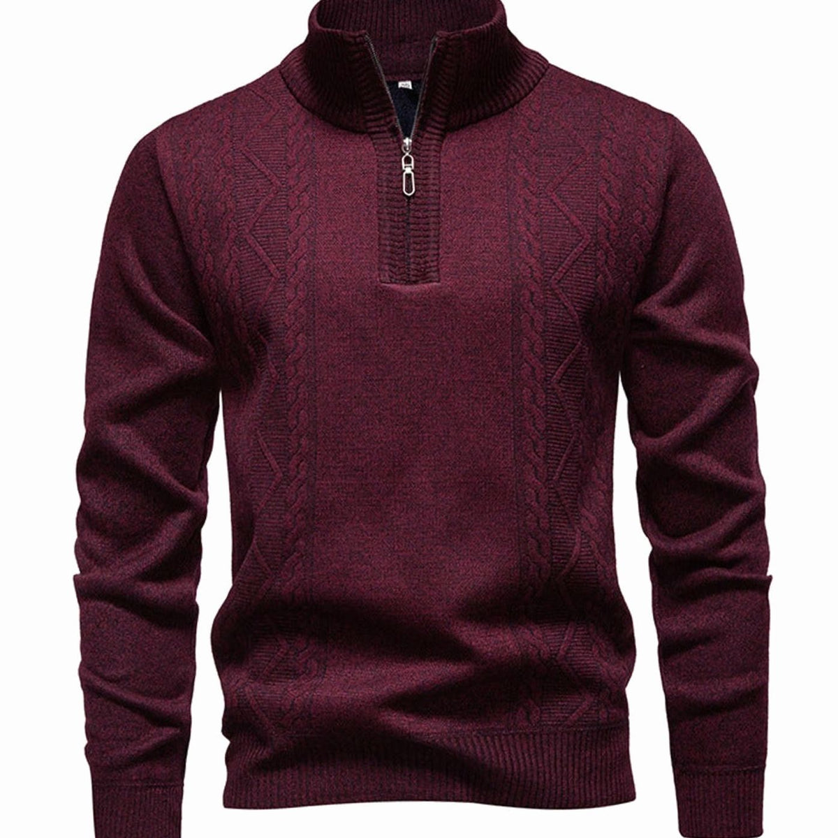 Men's Cable-Knit Quarter-Zip Stand-Collar Jumper - Burgundy