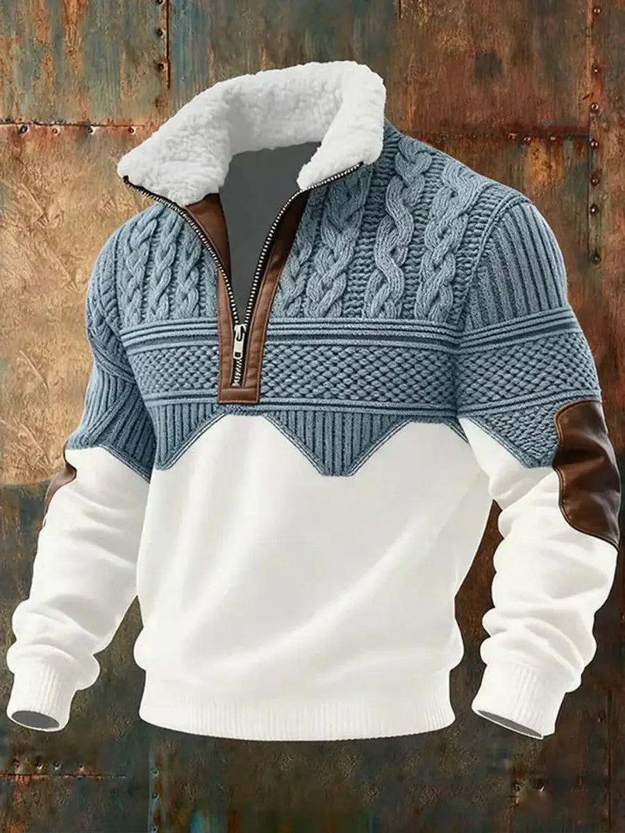 Men's Cable Knit Sweater Quarter-Zip Fleece Collar Pullover