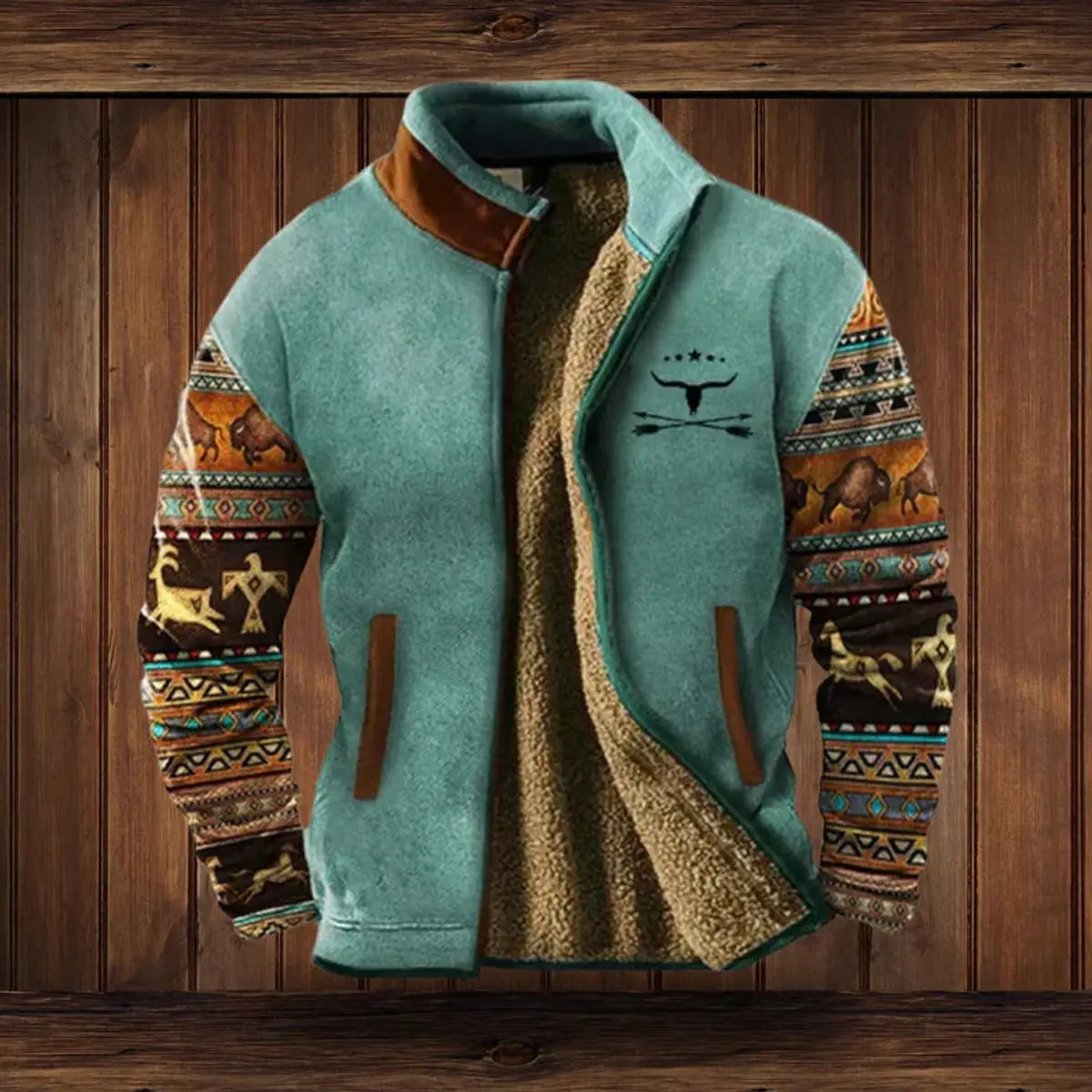 Mens Cardigan Fleece-Lined Zip-Up Western Aztec Print Jacket - Blue with Print