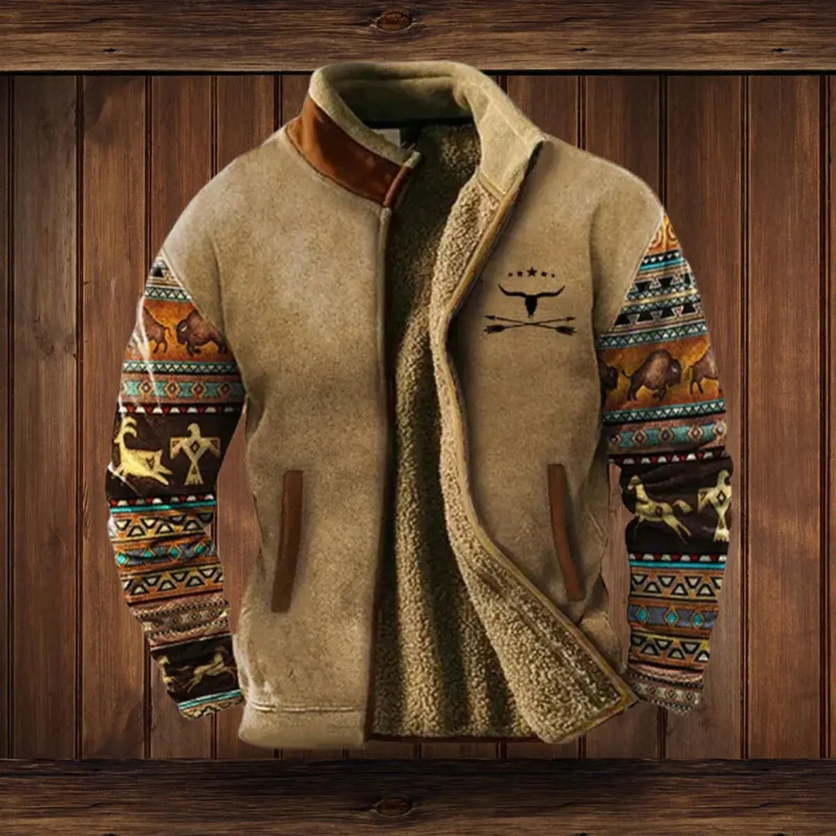 Mens Cardigan Fleece-Lined Zip-Up Western Aztec Print Jacket - Brown with Print