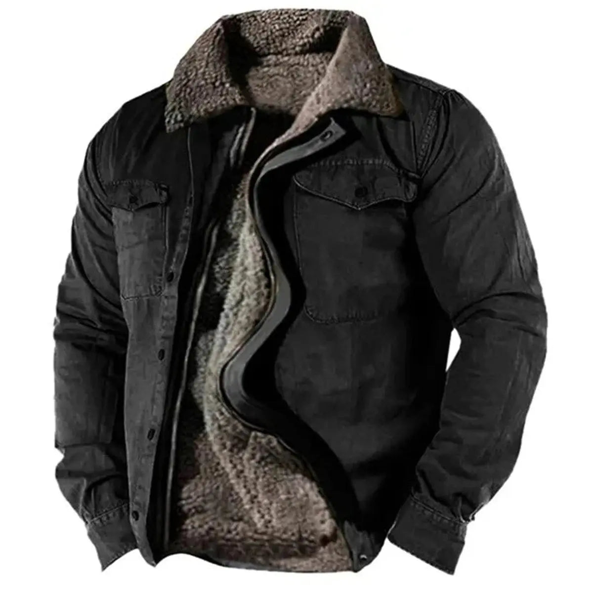 Mens Cardigan Sherpa-Lined Western Shirt Jacket - Black