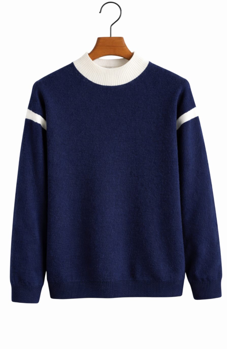 Men's Cashmere Crewneck Jumper Ribbed-Trim Relaxed Fit - Midnight Blue